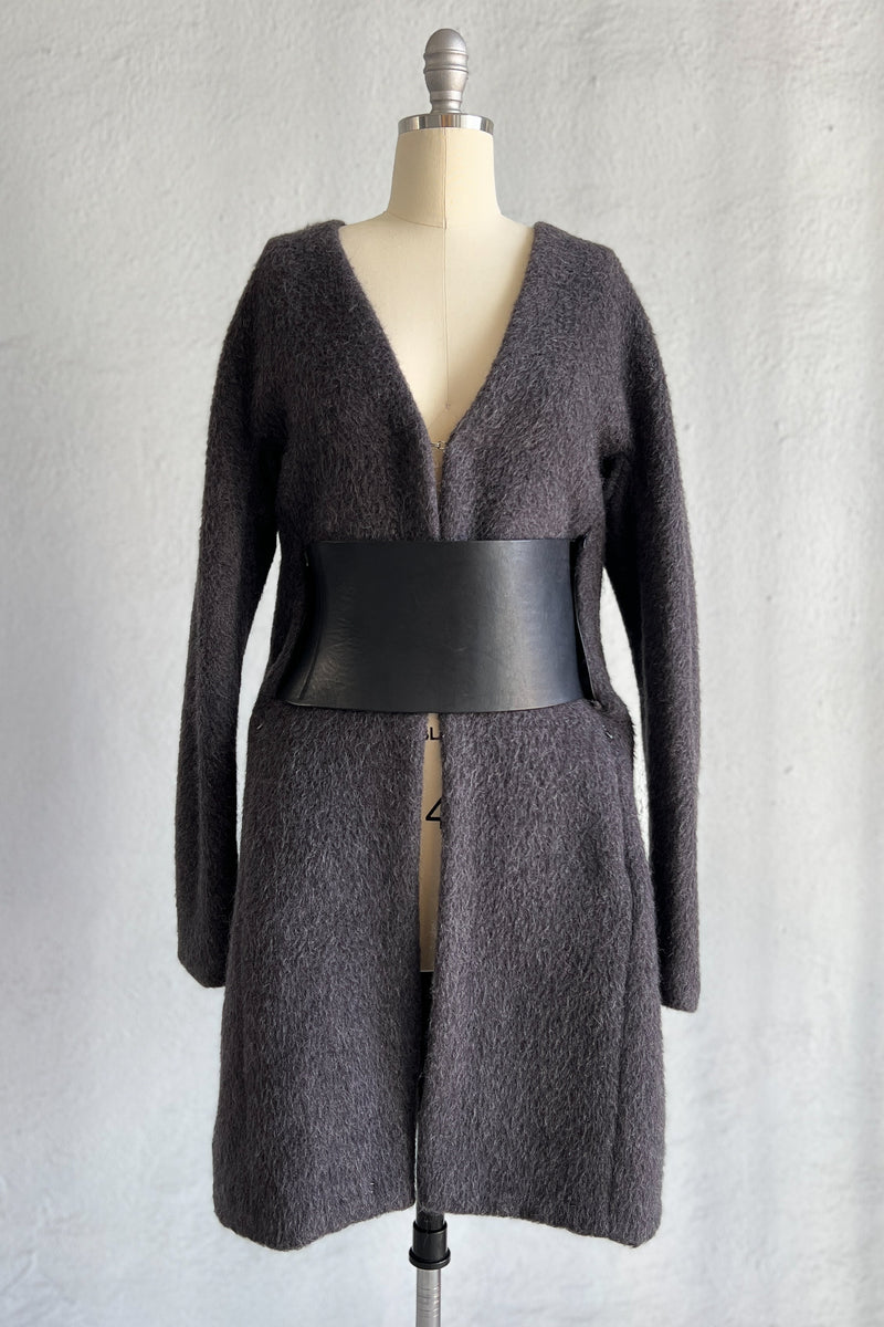 MAISON MARTIN MARGIELA GREY MOHAIR COAT WITH VERTICAL ZIPPERS AND LEATHER OBI BELT AW 2000