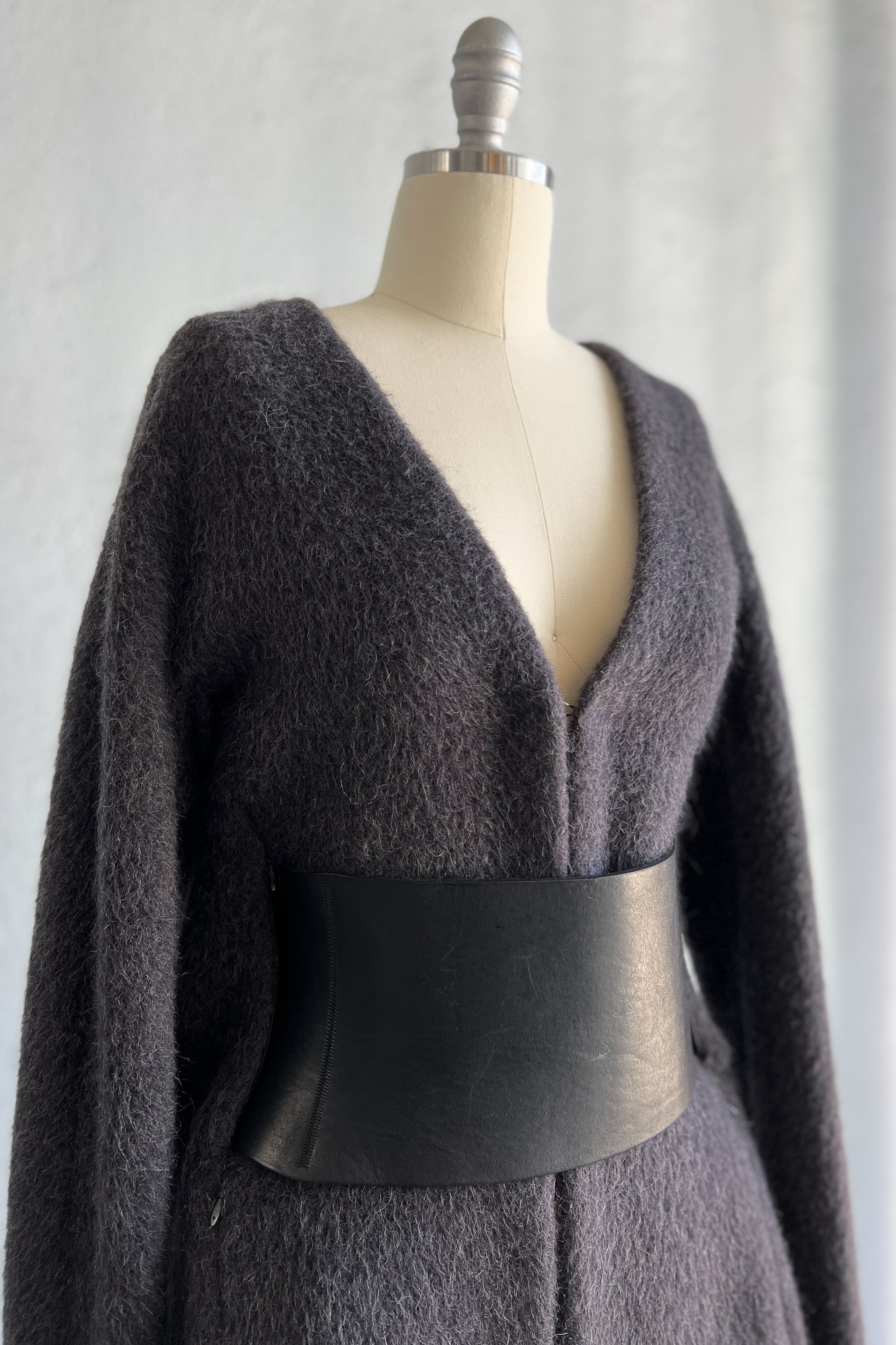 MAISON MARTIN MARGIELA GREY MOHAIR COAT WITH VERTICAL ZIPPERS AND LEATHER OBI BELT AW 1996