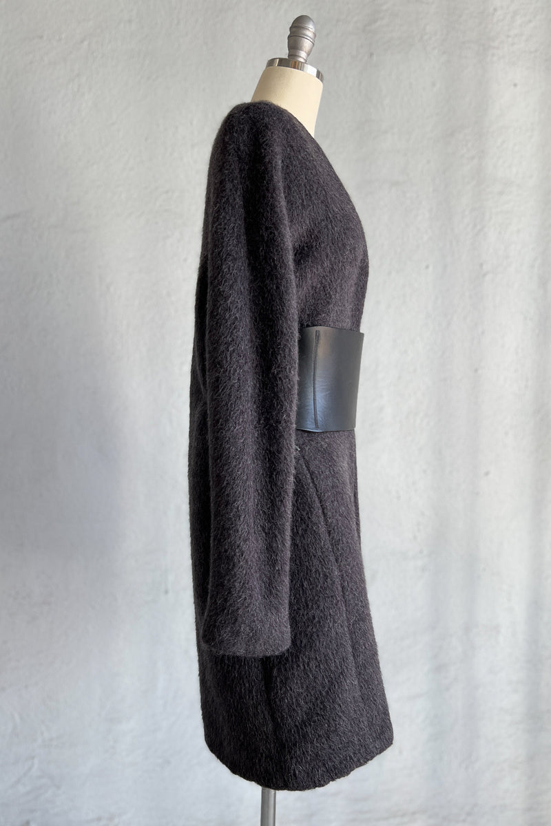 MAISON MARTIN MARGIELA GREY MOHAIR COAT WITH VERTICAL ZIPPERS AND LEATHER OBI BELT AW 2000