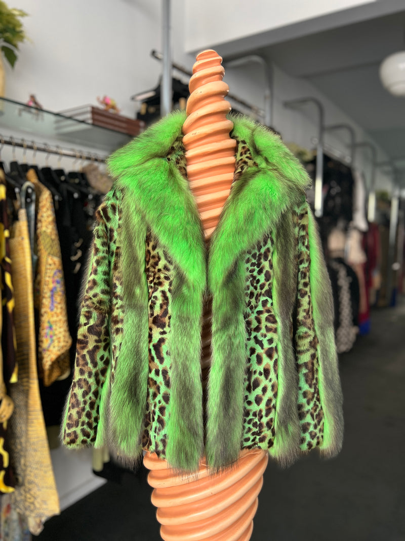 VERSACE GREEN FOX FUR AND LEOPARD PRINT COAT 2004