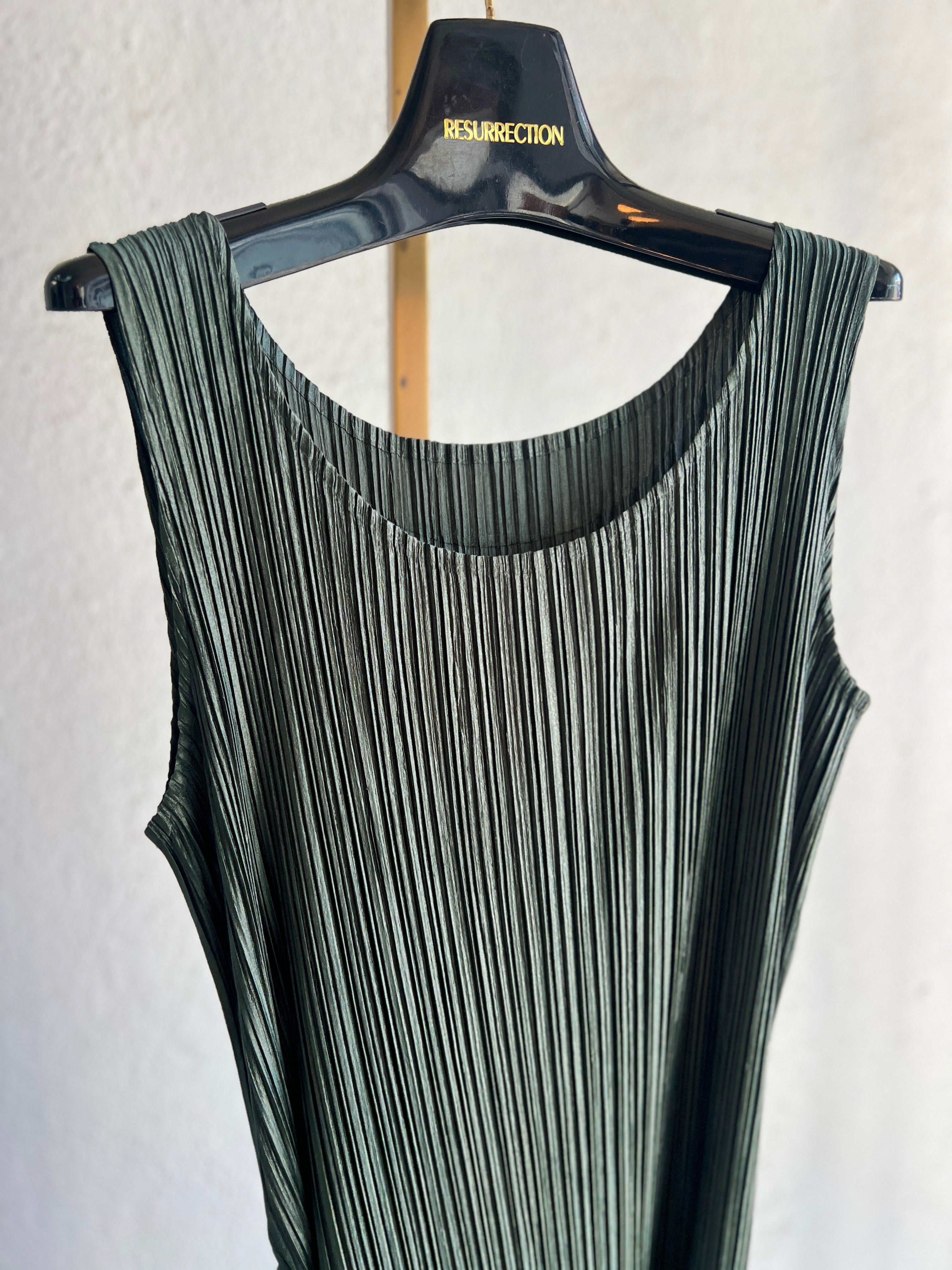 ISSEY MIYAKE MOSS GREEN PLEATED DRESS WITH WRAP SKIRT SS 1999