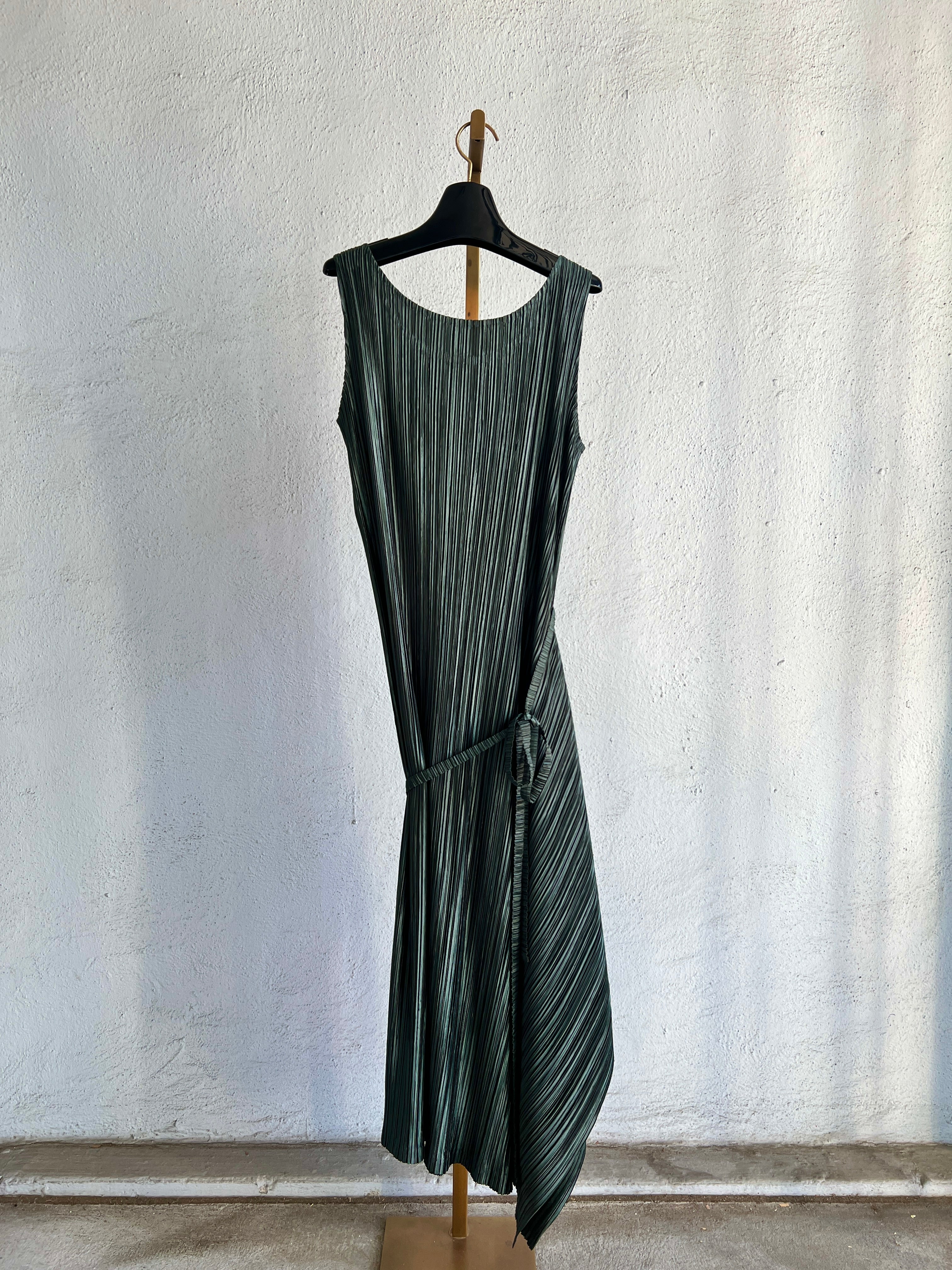 ISSEY MIYAKE MOSS GREEN PLEATED DRESS WITH WRAP SKIRT SS 1999