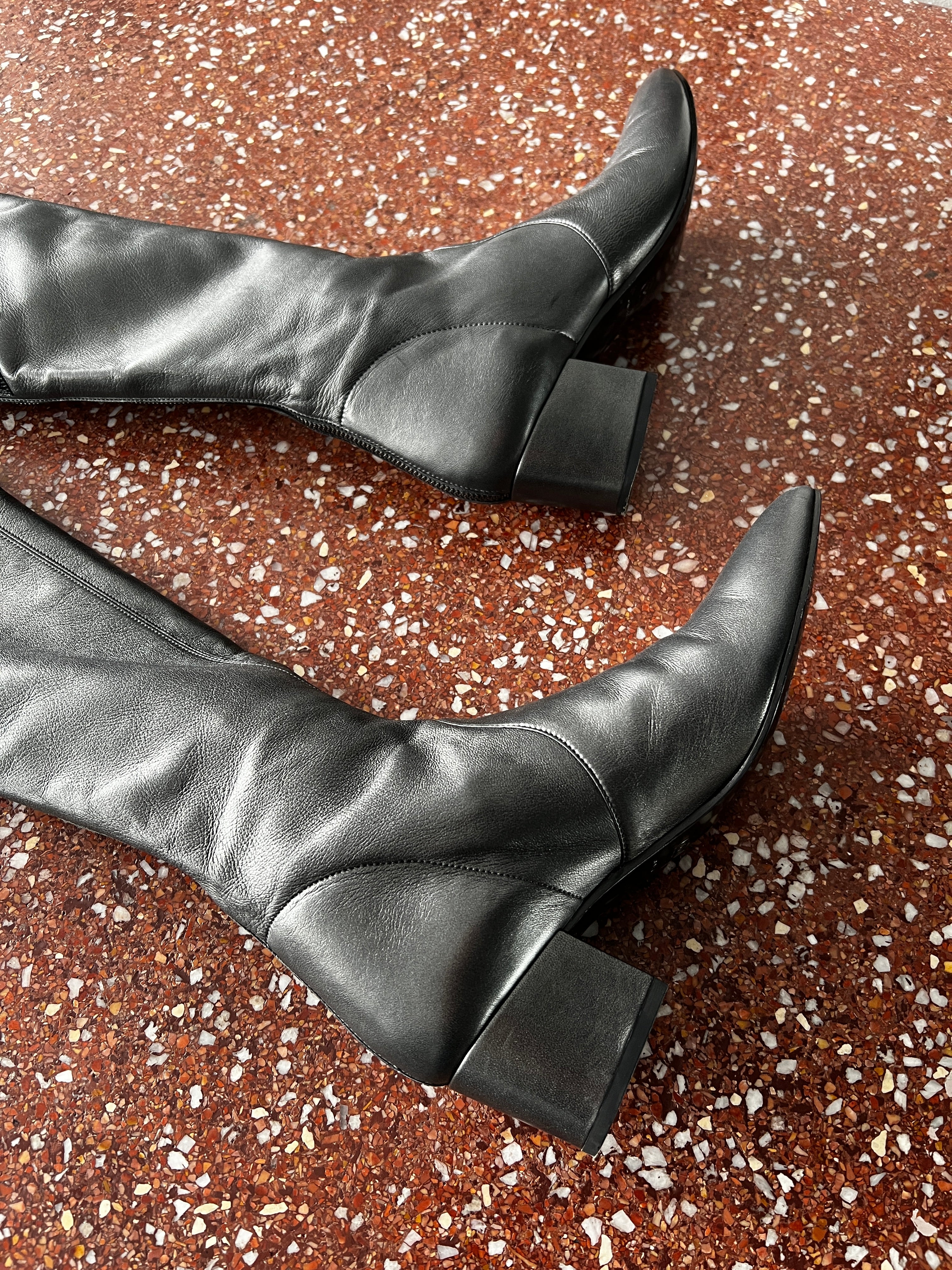 CHANEL PARIS-DALLAS METALLIC LEATHER THIGH HIGH BOOTS WITH BLACK EMBLEMS & ZIPPERS 2014