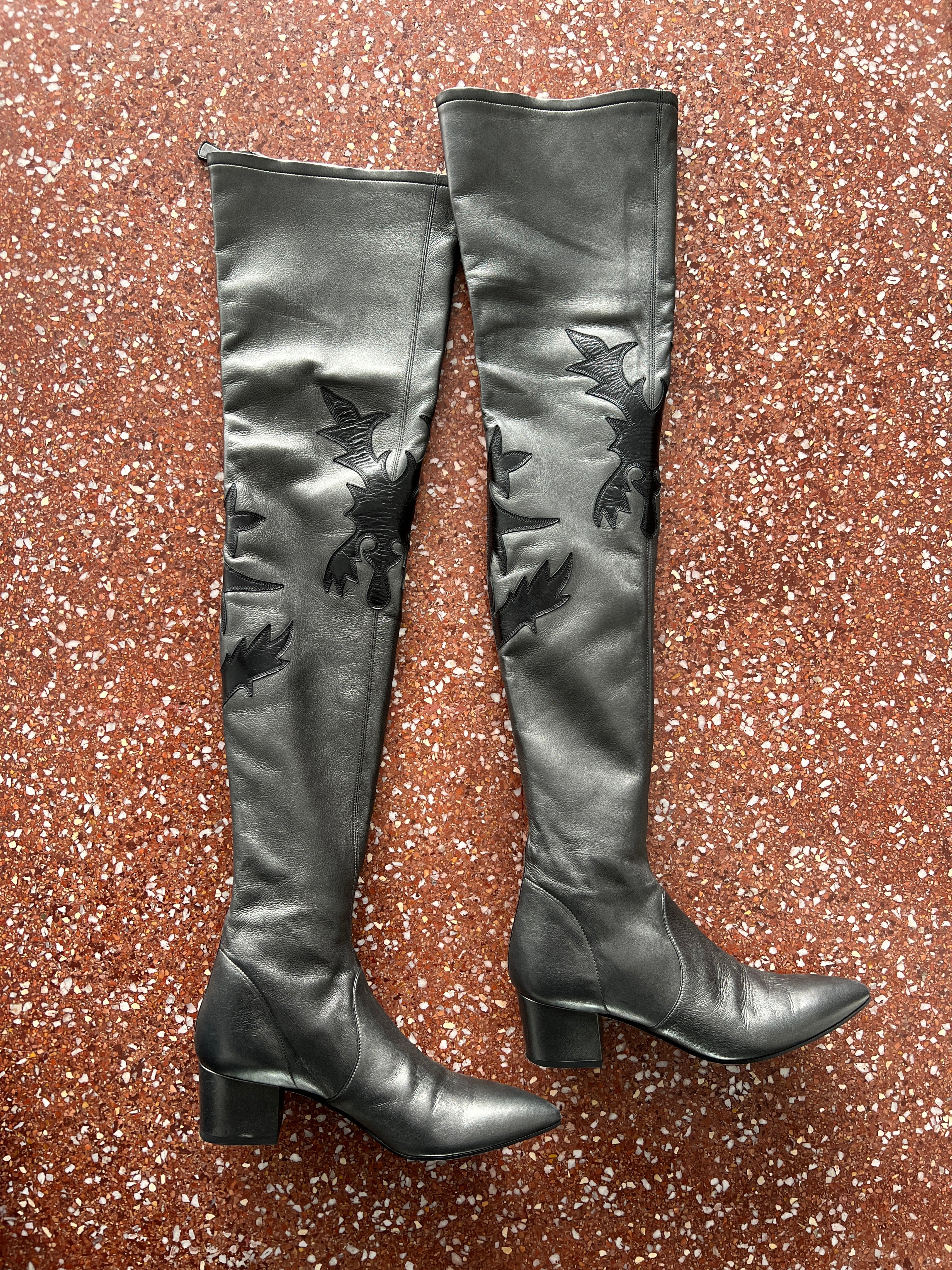 CHANEL PARIS-DALLAS METALLIC LEATHER THIGH HIGH BOOTS WITH BLACK EMBLEMS & ZIPPERS 2014