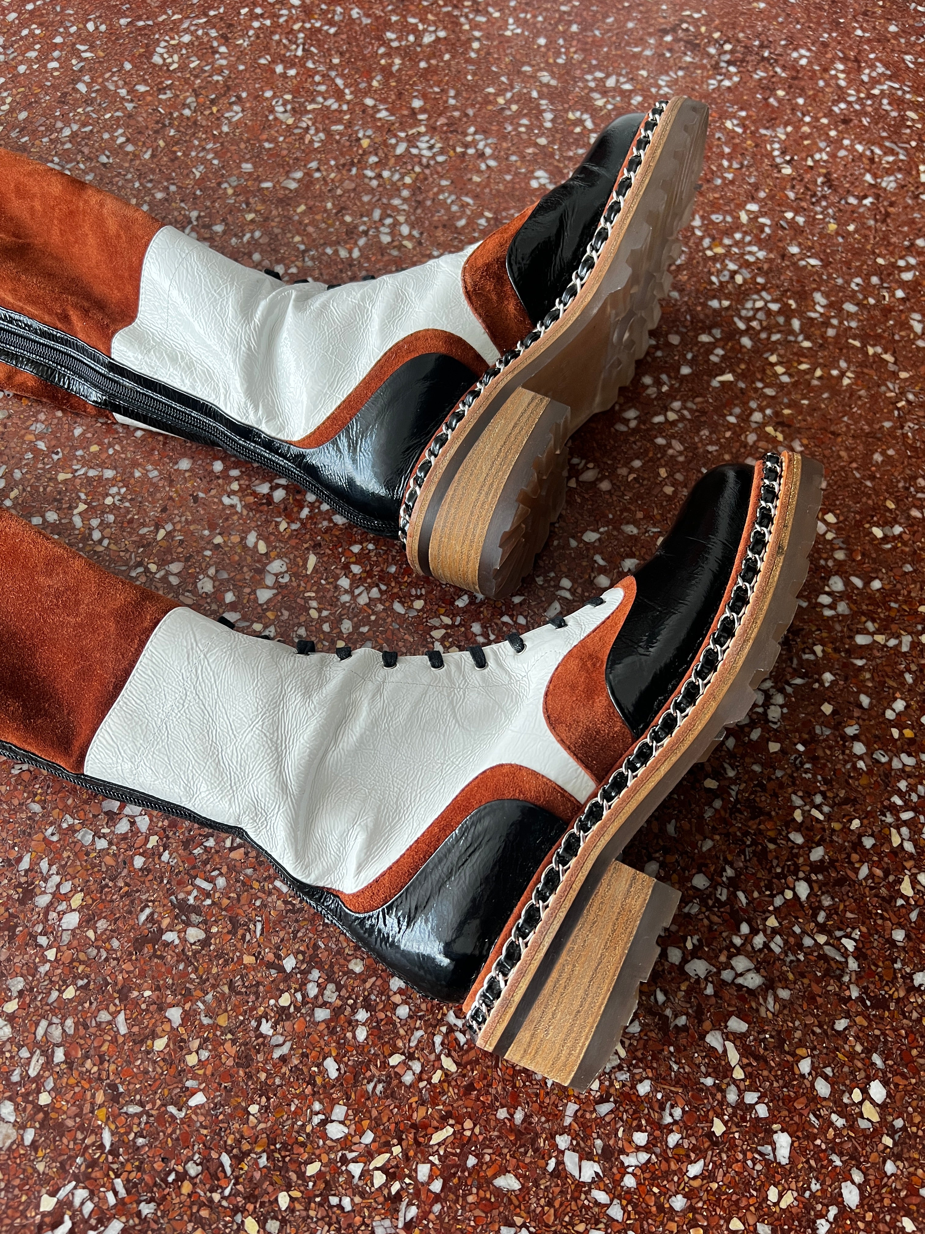 CHANEL BROWN SUEDE AND WHITE LEATHER SALZBURG BOOTS 2015