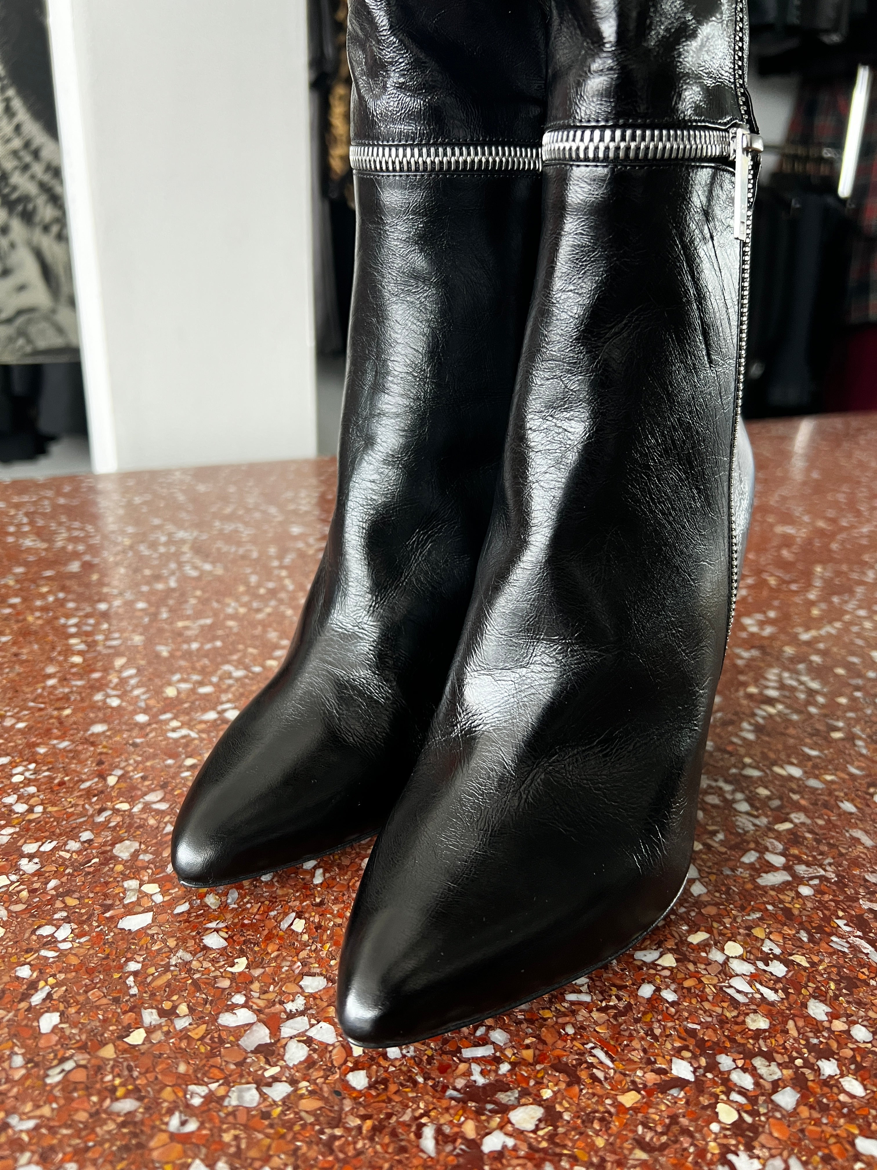 SAINT LAURENT PARIS BY HEDI SLIMANE FETISH 105 BLACK LEATHER ZIPPER BOOTS 2015