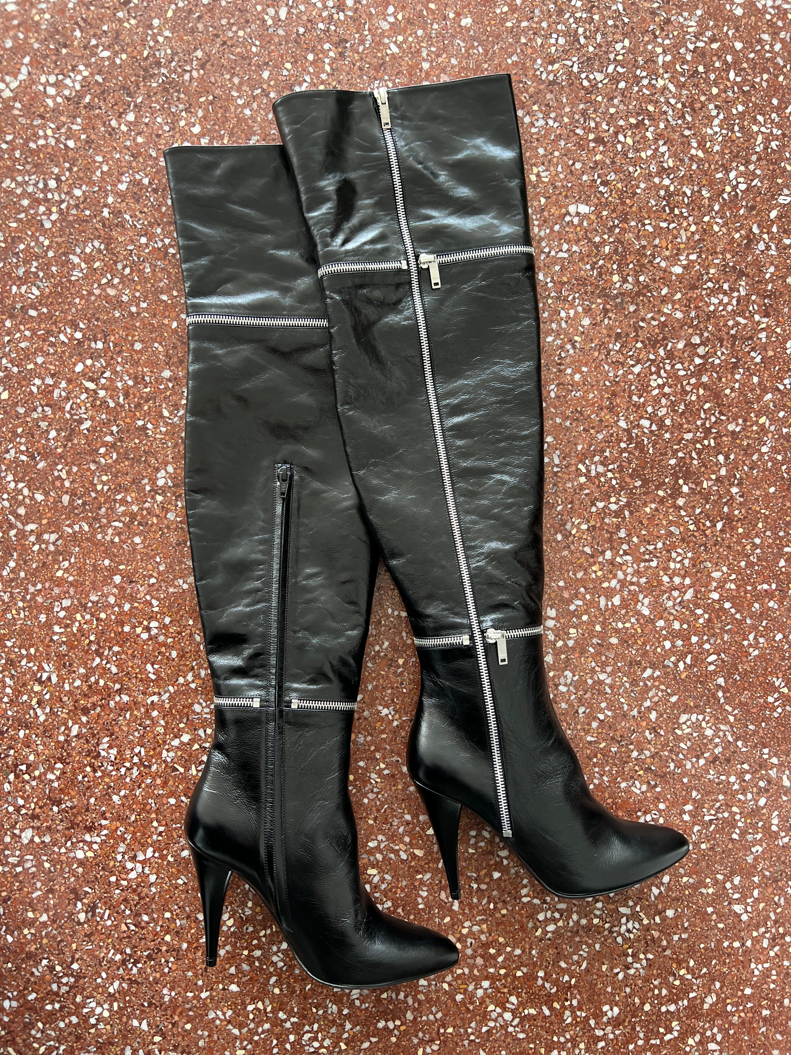 SAINT LAURENT PARIS BY HEDI SLIMANE FETISH 105 BLACK LEATHER ZIPPER BOOTS 2015