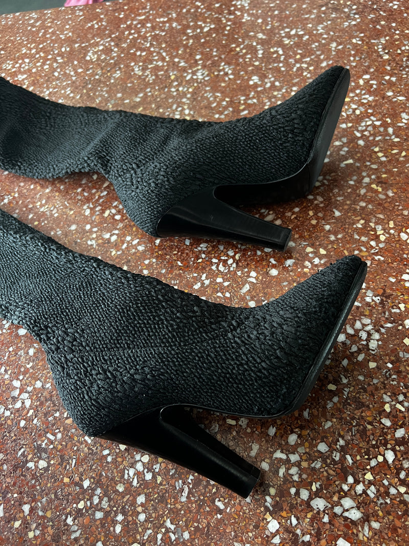 SAINT LAURENT PARIS BLACK  KOLLER STRETCH CLOQUE THIGH HIGH SOCK BOOTS