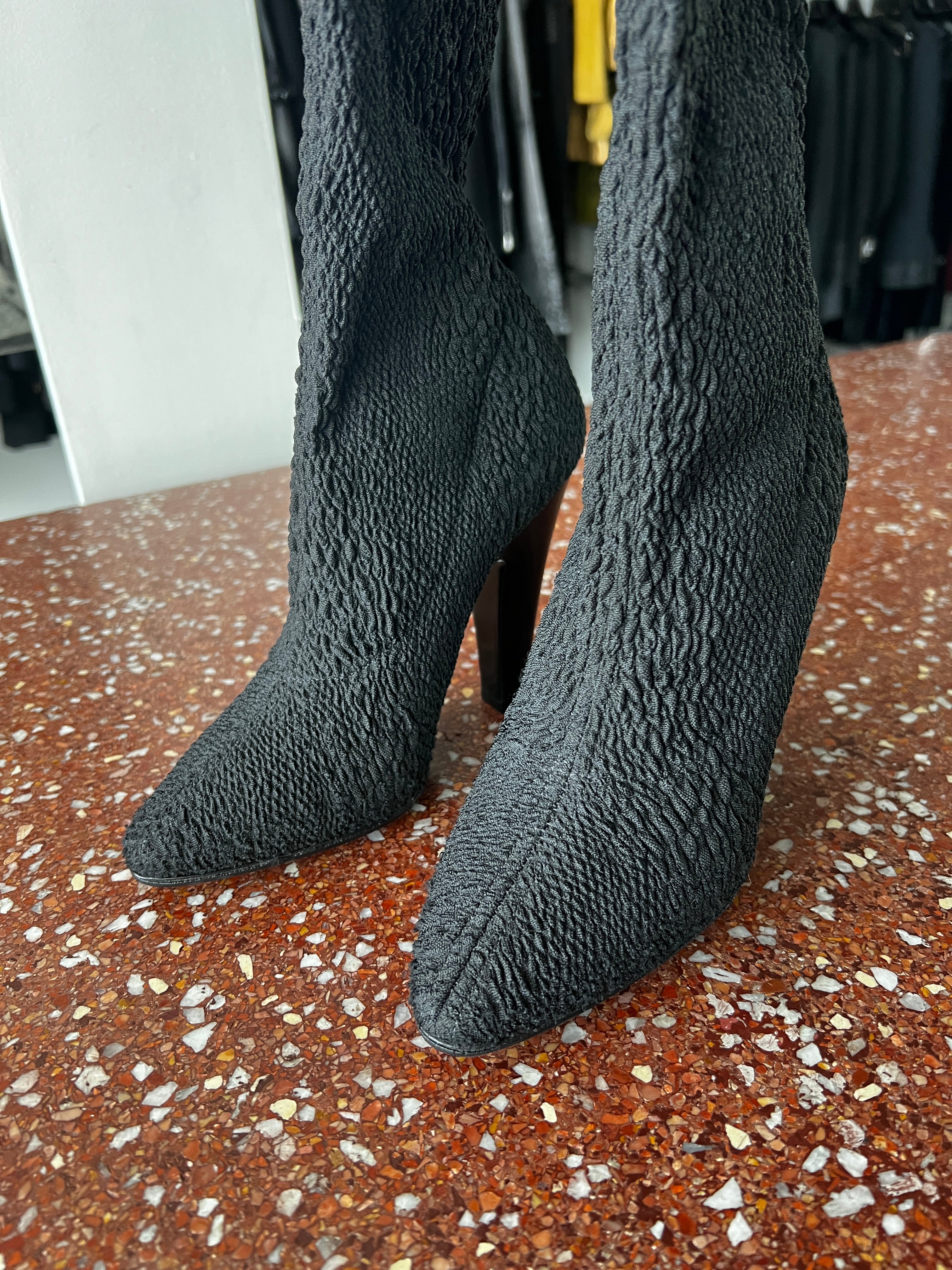 SAINT LAURENT PARIS BLACK  KOLLER STRETCH CLOQUE THIGH HIGH SOCK BOOTS