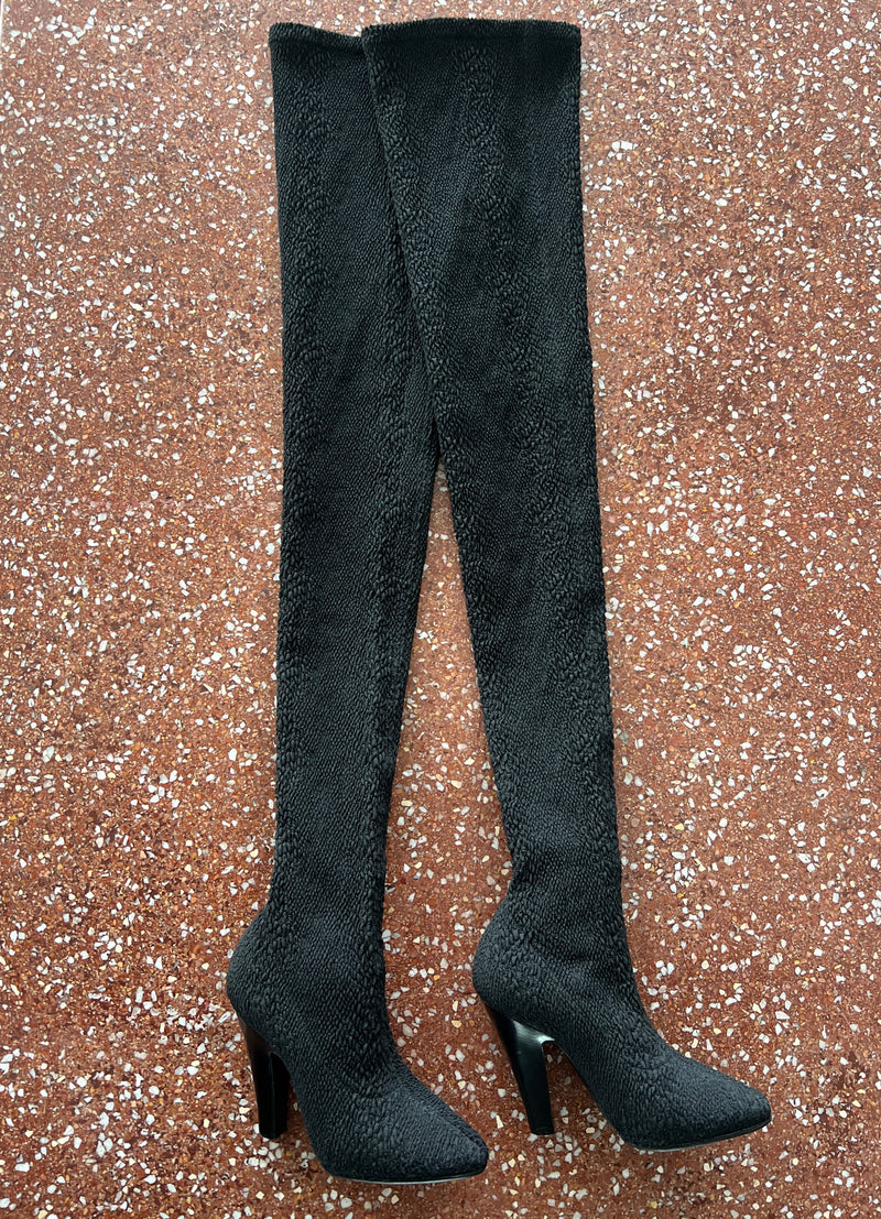 SAINT LAURENT PARIS BLACK  KOLLER STRETCH CLOQUE THIGH HIGH SOCK BOOTS