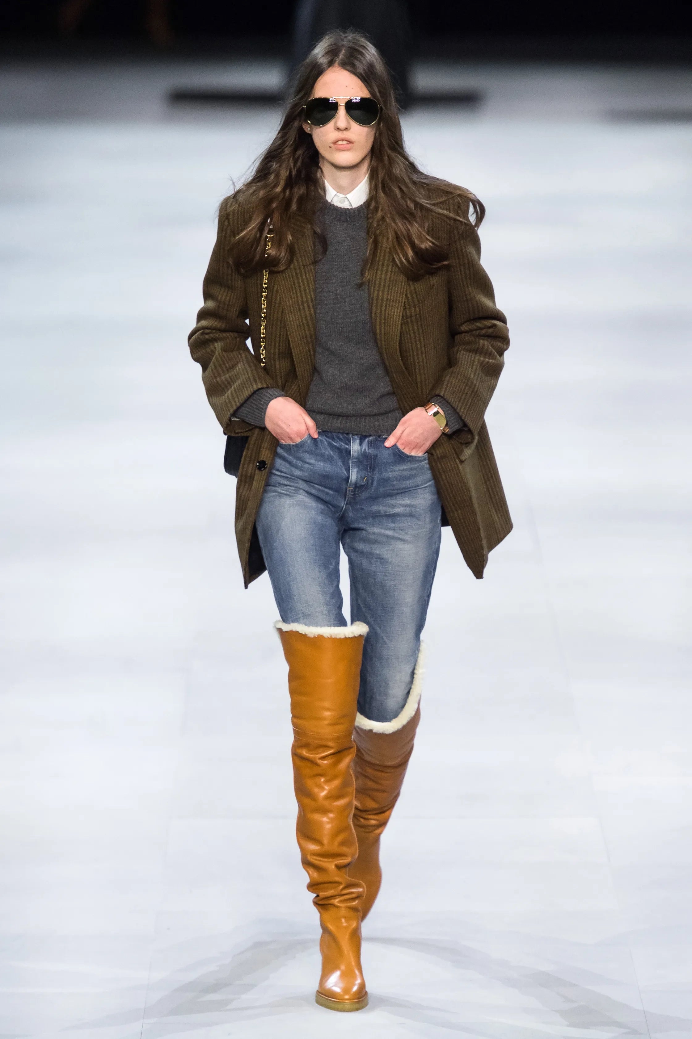 CELINE BY HEDI SLIMANE NATURAL LEATHER AND SHEARLING THIGH HIGH BOOTS 2020