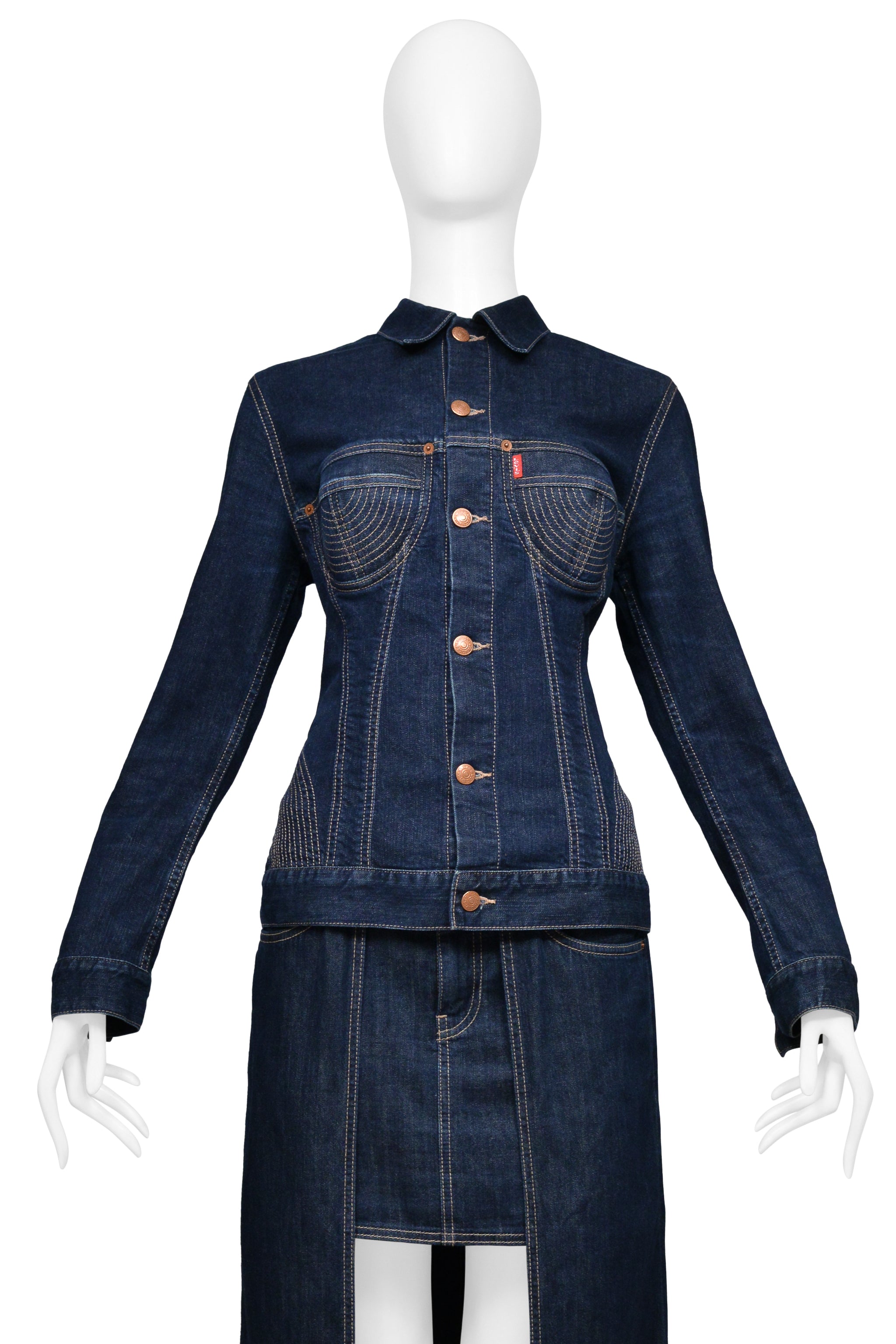 JEAN PAUL GAULTIER 2010 DENIM JACKET AND SKIRT ENSEMBLE