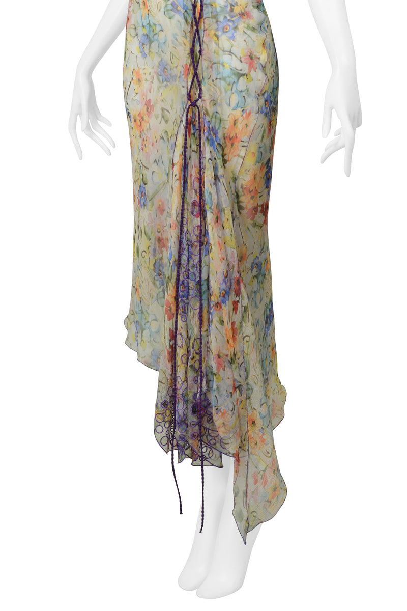 JEAN PAUL GAULTIER CHIFFON FLORAL SLIP DRESS WITH PURPLE CORDS SS 2006