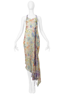 JEAN PAUL GAULTIER CHIFFON FLORAL SLIP DRESS WITH PURPLE CORDS SS 2006