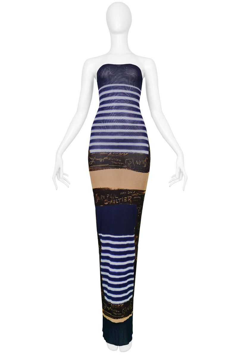 JEAN PAUL GAULTIER FRENCH NAUTICAL STRIPED MESH DRESS WITH SIGNATURE PRINT 2001