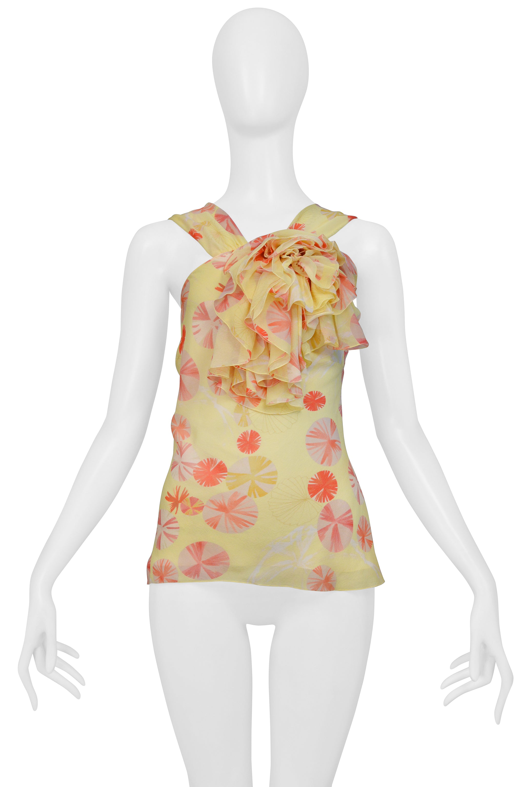 JOHN GALLIANO YELLOW  SILK HALTER TOP WITH RED SWIRLS PRINT 2000S