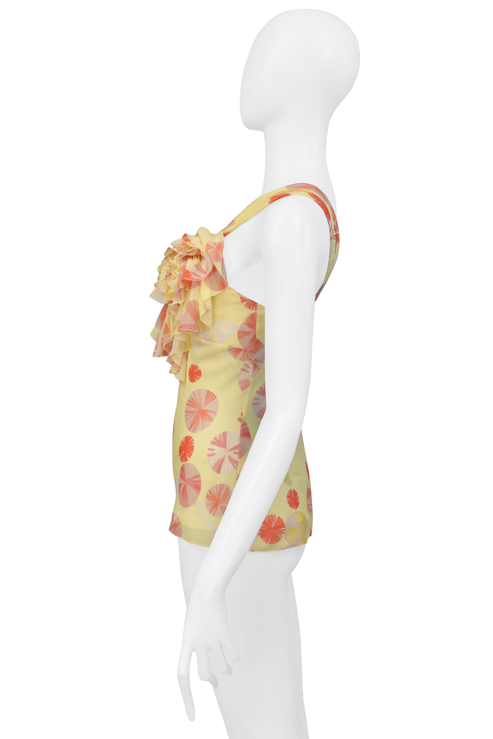 JOHN GALLIANO YELLOW  SILK HALTER TOP WITH RED SWIRLS PRINT 2000S