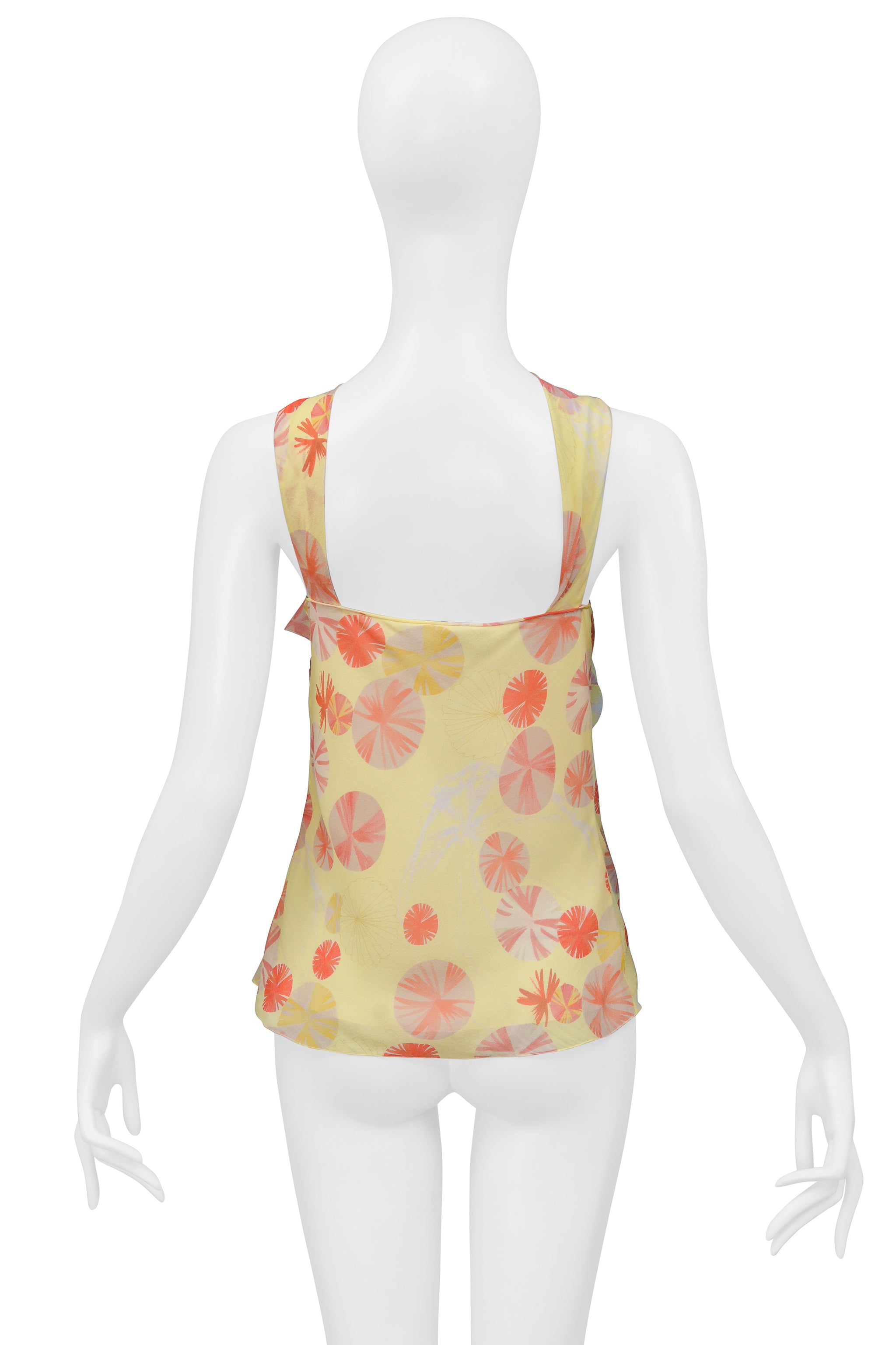 JOHN GALLIANO YELLOW  SILK HALTER TOP WITH RED SWIRLS PRINT 2000S