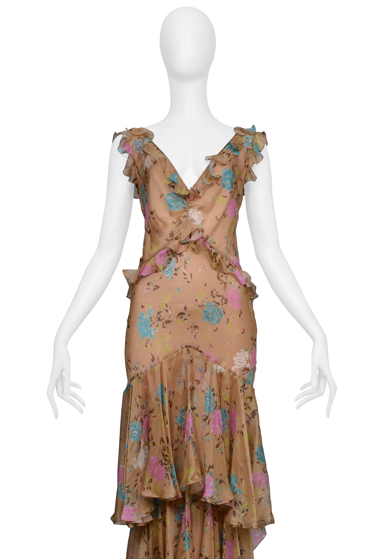 JOHN GALLIANO BROWN FLORAL GOWN WITH RUFFLES