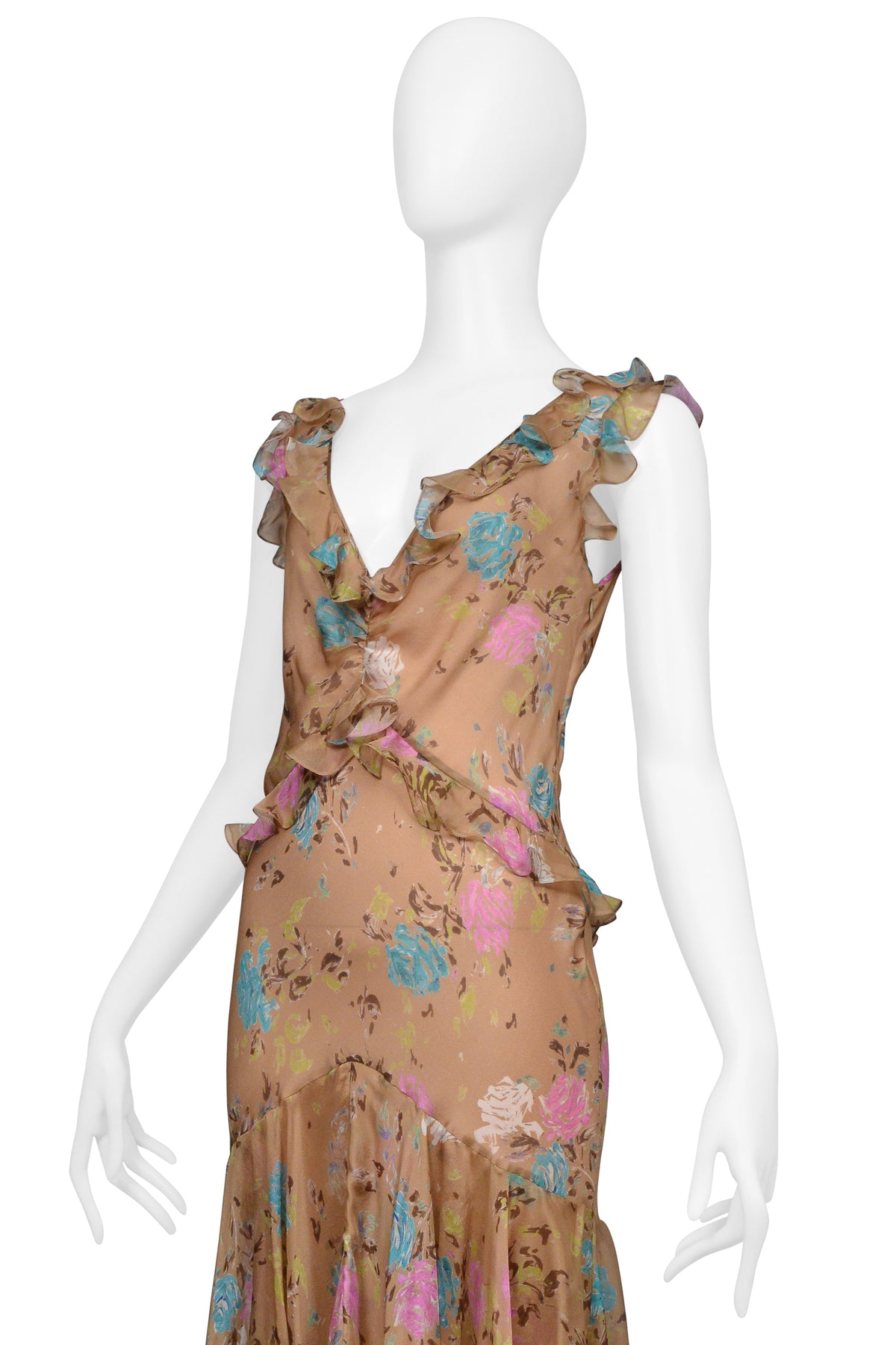JOHN GALLIANO BROWN FLORAL GOWN WITH RUFFLES