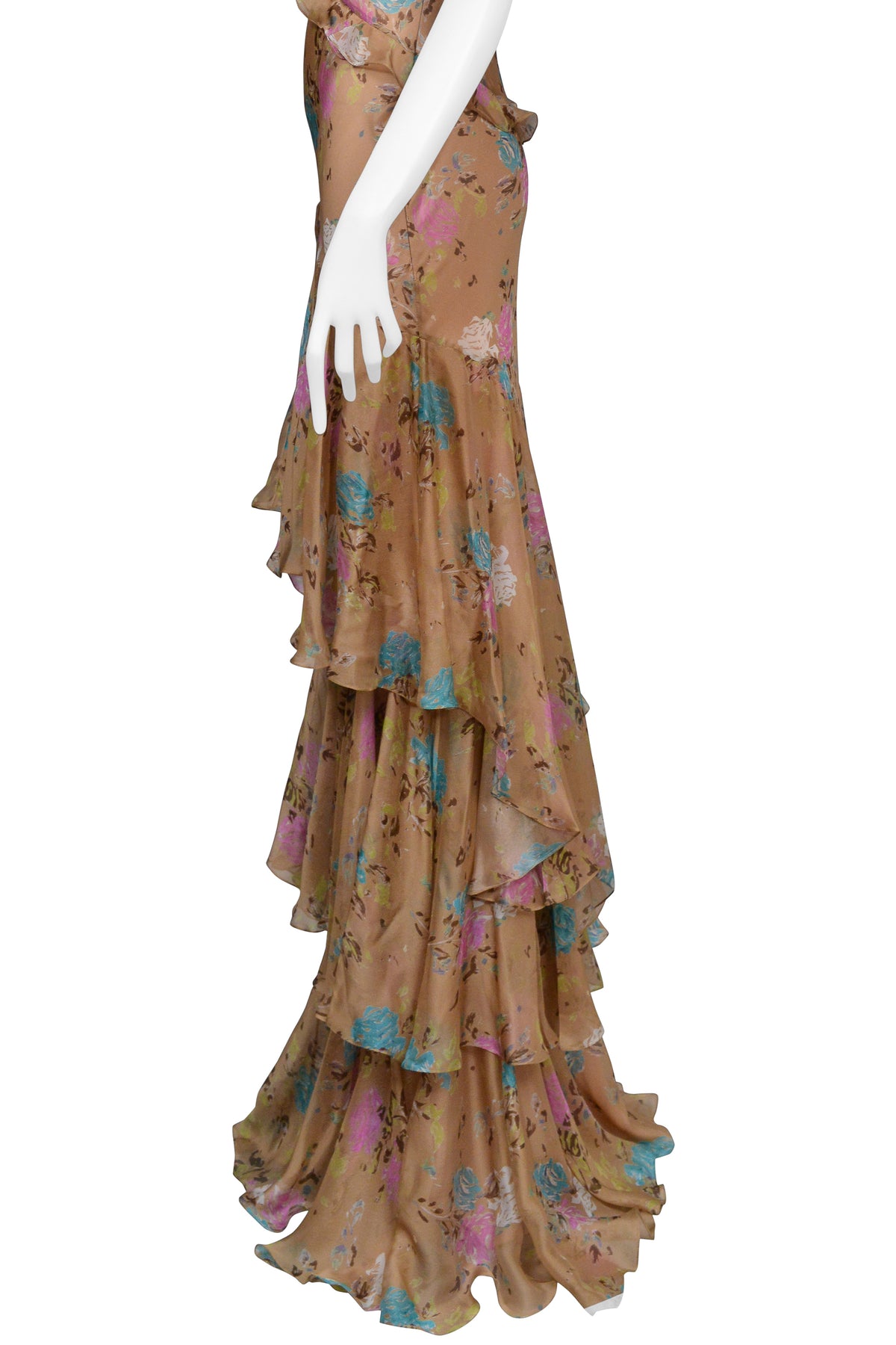 JOHN GALLIANO BROWN FLORAL GOWN WITH RUFFLES