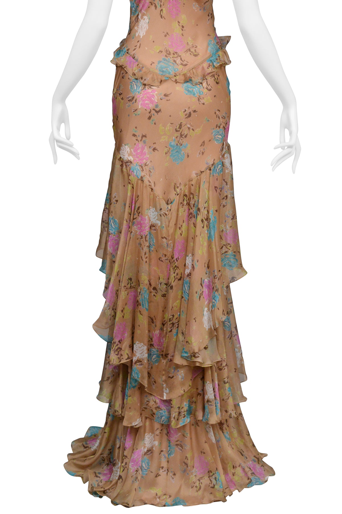 JOHN GALLIANO BROWN FLORAL GOWN WITH RUFFLES