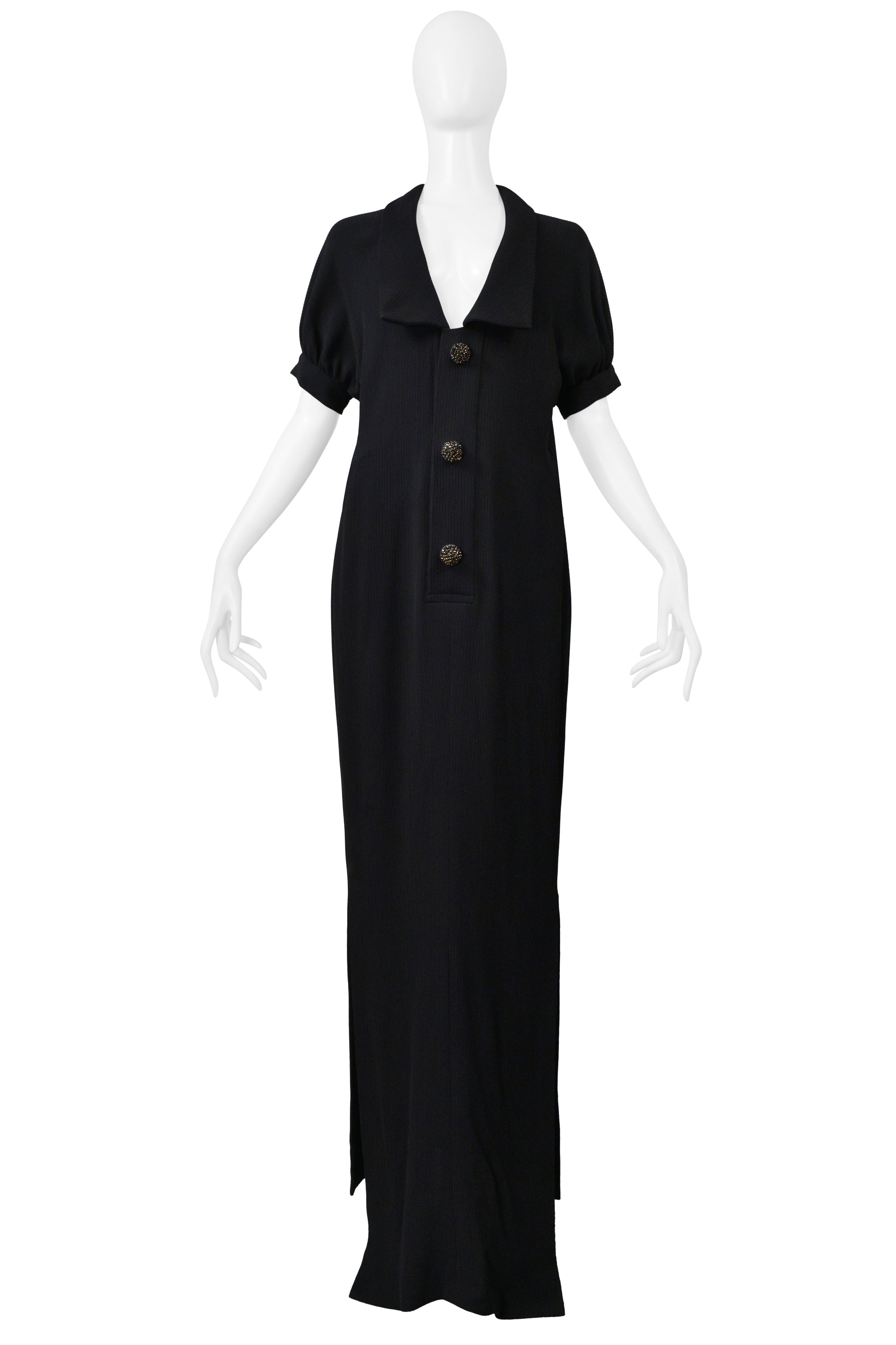 JEAN PAUL GAULTIER HAUTE COUTURE BLACK RIBBED DRESS WITH RHINESTONE BUTTONS