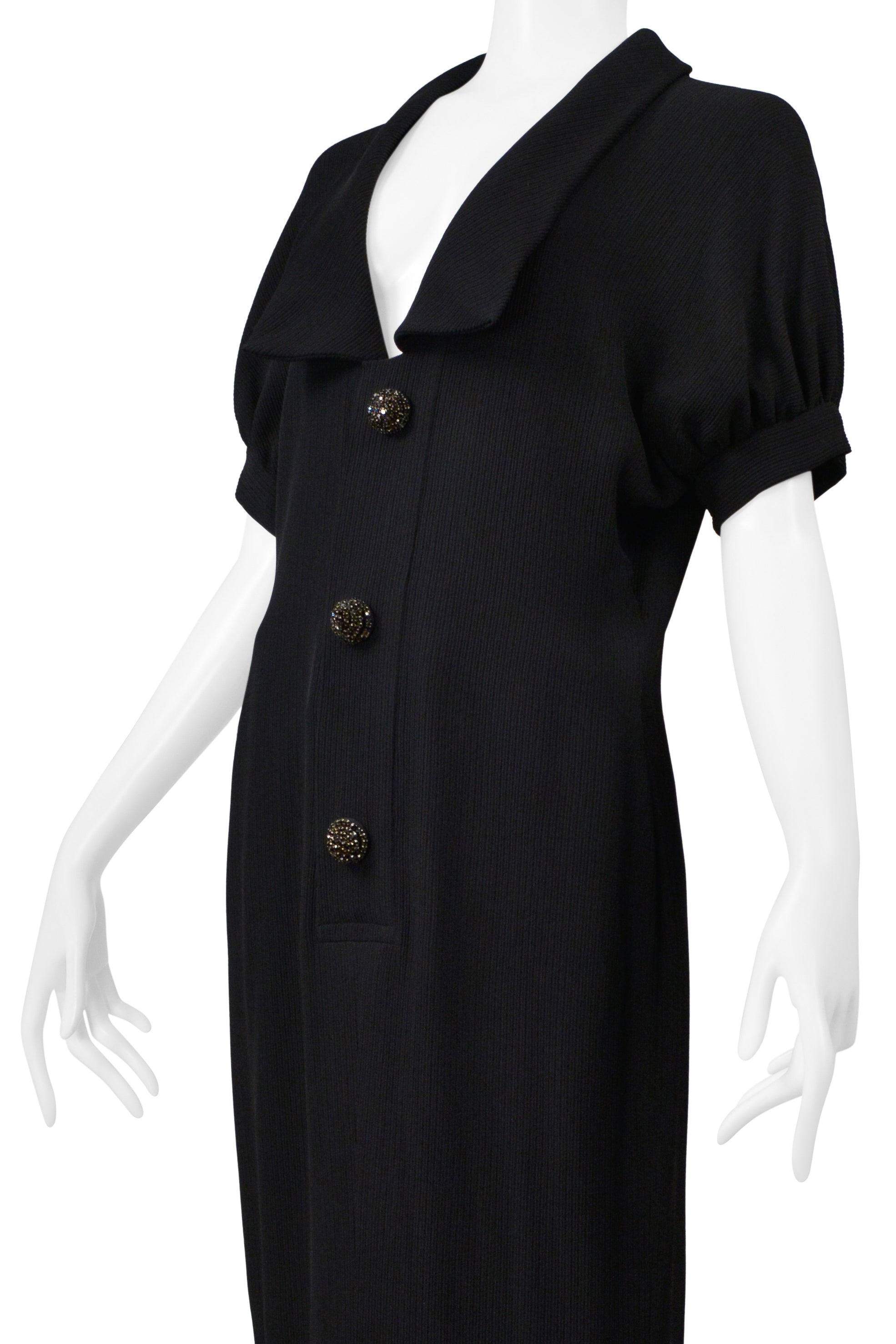 JEAN PAUL GAULTIER HAUTE COUTURE BLACK RIBBED DRESS WITH RHINESTONE BUTTONS