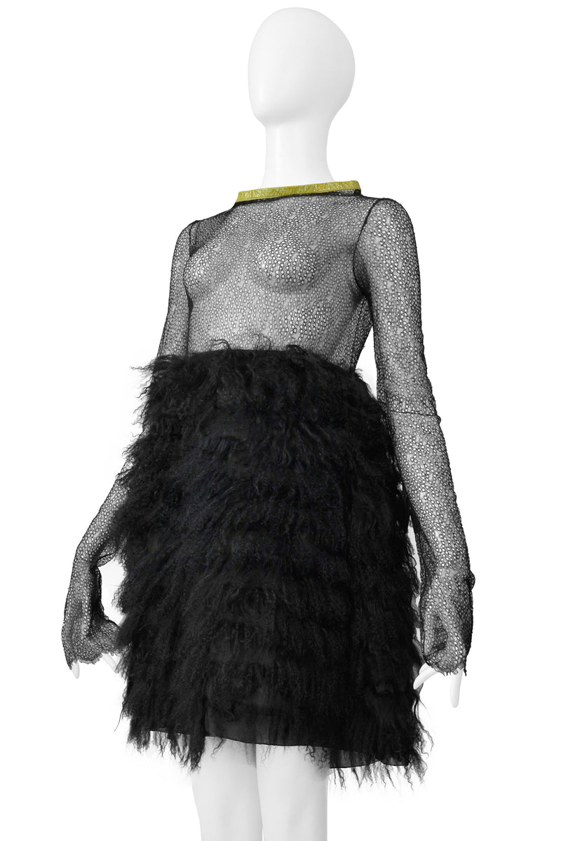 JUNKO SHIMADA BLACK MESH & SHEARLING MINI DRESS WITH YELLOW PATENT TRIM COLLAR