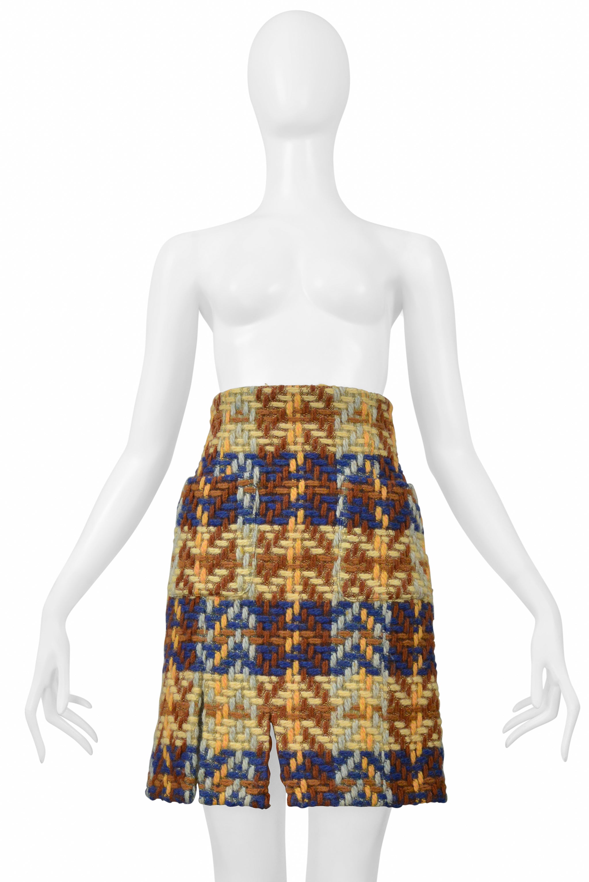 JUNKO SHIMADA BLUE, BROWN, YELLOW WOOL SKIRT SUIT
