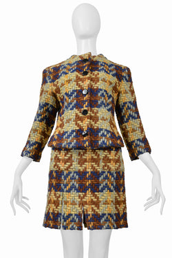 JUNKO SHIMADA BLUE, BROWN, YELLOW WOOL SKIRT SUIT