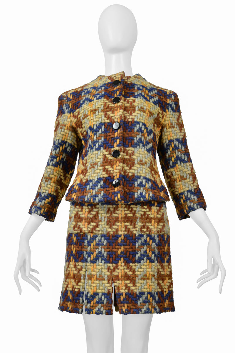 JUNKO SHIMADA BLUE, BROWN, YELLOW WOOL SKIRT SUIT