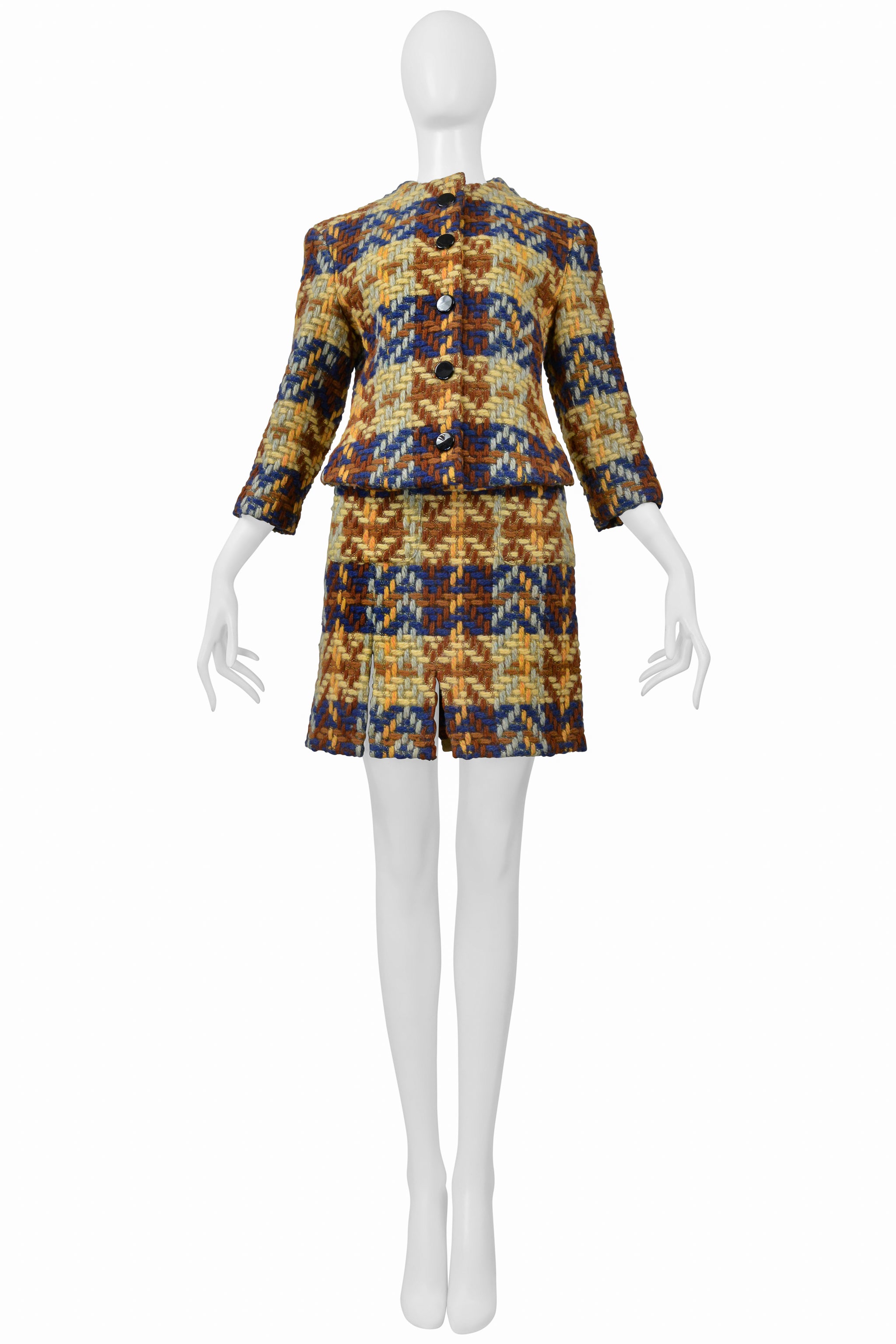 JUNKO SHIMADA BLUE, BROWN, YELLOW WOOL SKIRT SUIT