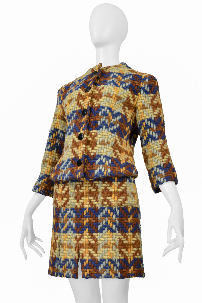JUNKO SHIMADA BLUE, BROWN, YELLOW WOOL SKIRT SUIT