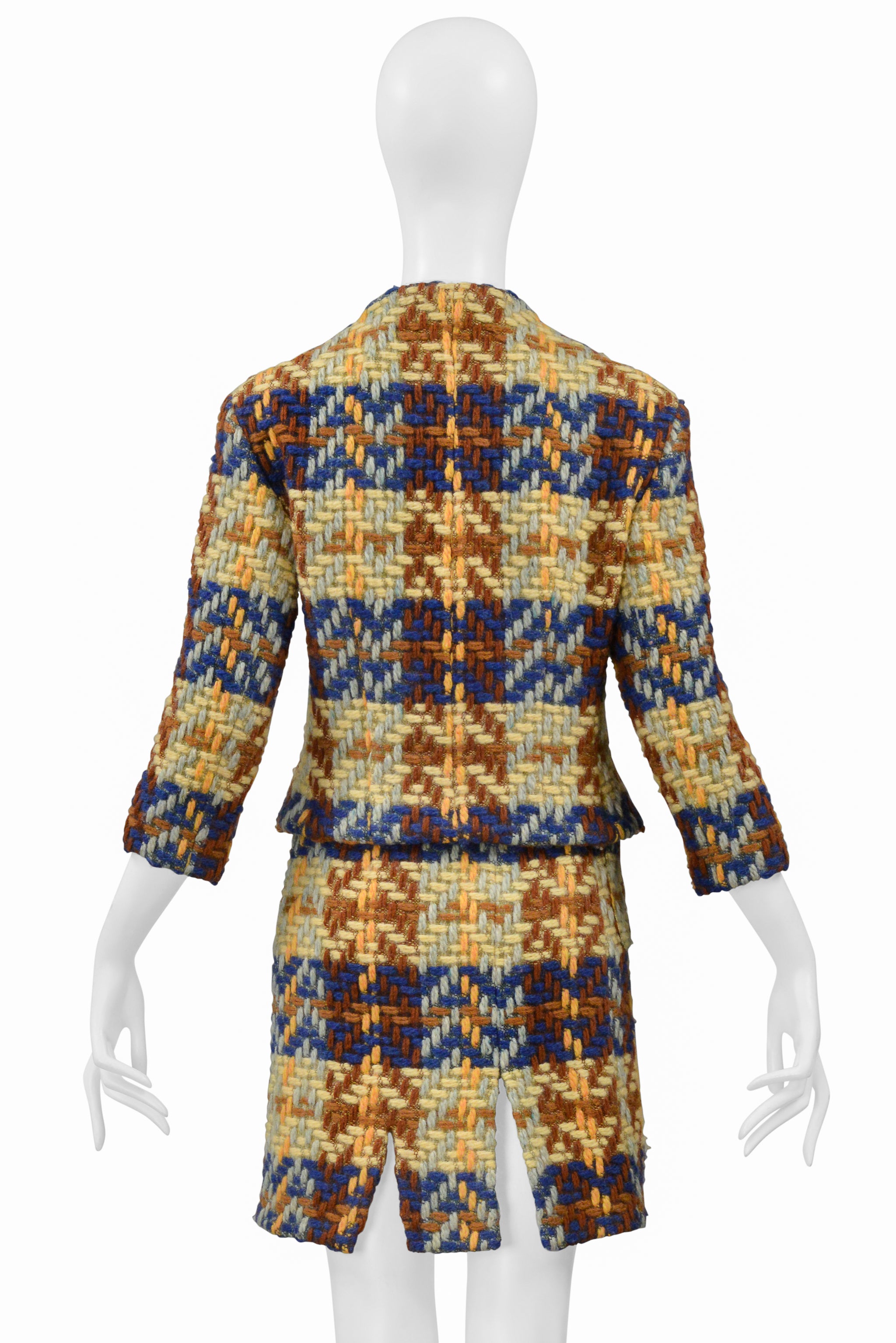 JUNKO SHIMADA BLUE, BROWN, YELLOW WOOL SKIRT SUIT