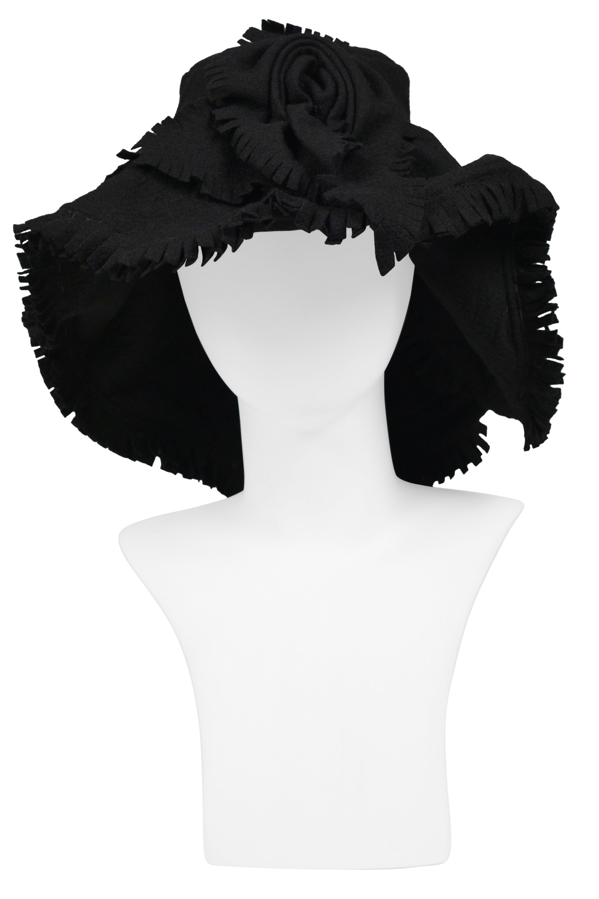 JUNYA WATANABE BLACK FELT HAT WITH ROSE AND FRINGE