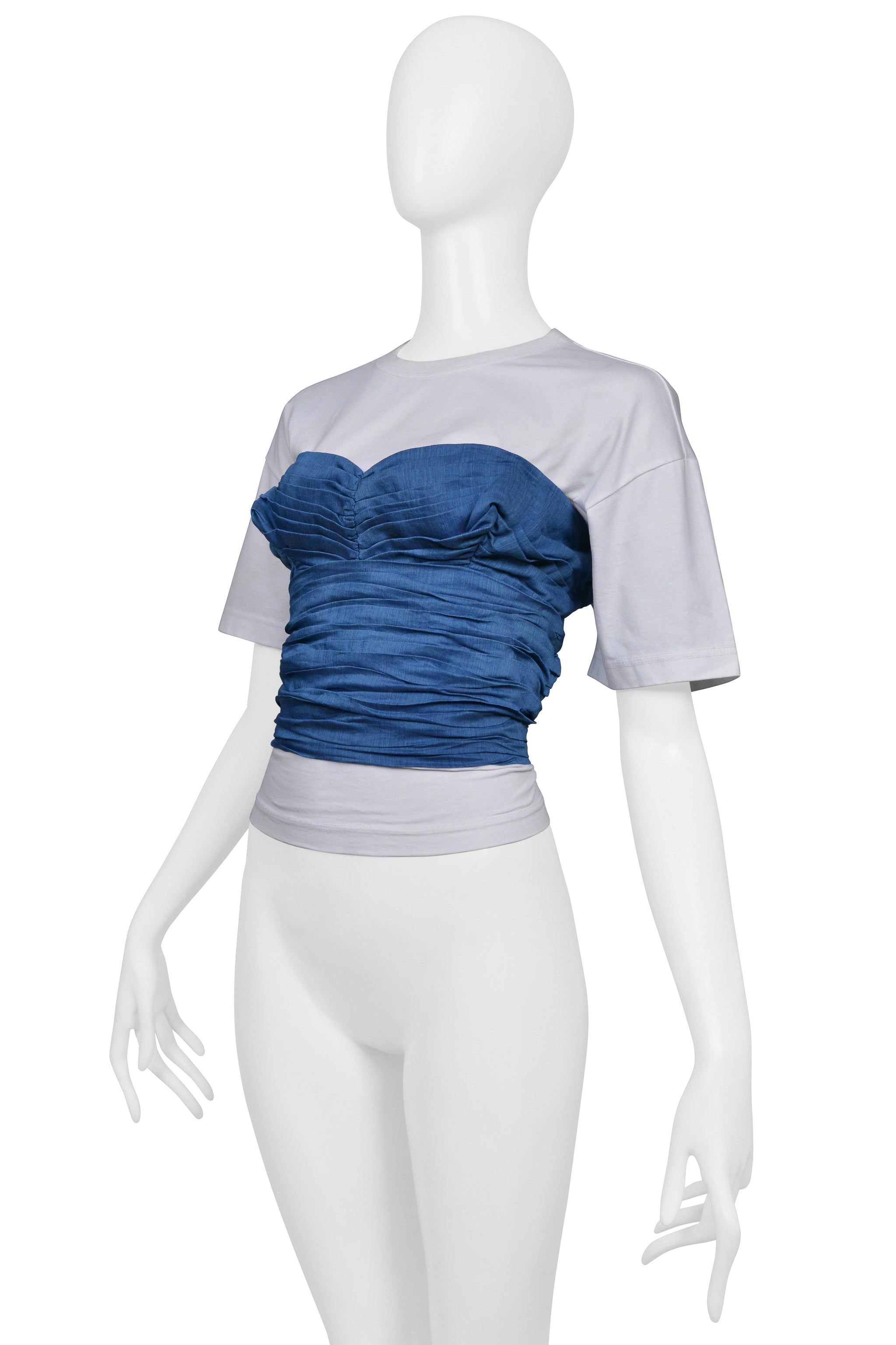 JUNYA WATANABE BLUE GATHERED CORSET WITH WHITE T-SHIRT TOP