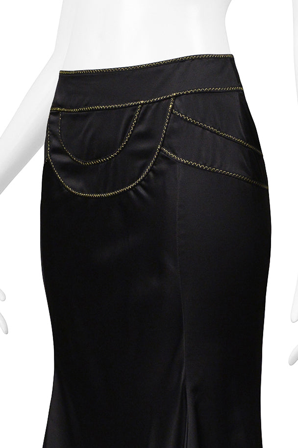 ROBERTO CAVALLI  BLACK SATIN FLARED SKIRT WITH GOLD STITCHING