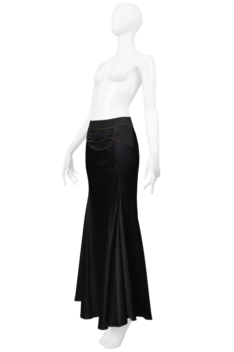 ROBERTO CAVALLI  BLACK SATIN FLARED SKIRT WITH GOLD STITCHING