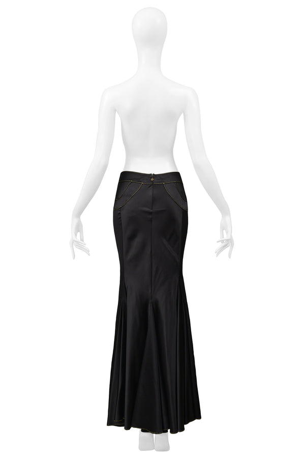 ROBERTO CAVALLI  BLACK SATIN FLARED SKIRT WITH GOLD STITCHING