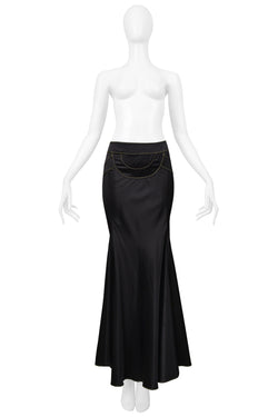 ROBERTO CAVALLI  BLACK SATIN FLARED SKIRT WITH GOLD STITCHING