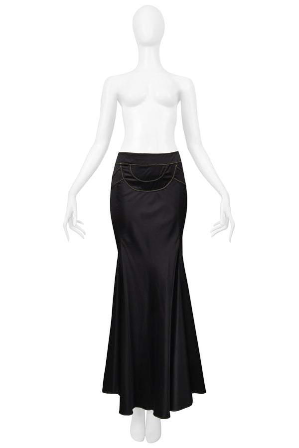 ROBERTO CAVALLI  BLACK SATIN FLARED SKIRT WITH GOLD STITCHING