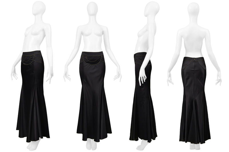 ROBERTO CAVALLI  BLACK SATIN FLARED SKIRT WITH GOLD STITCHING