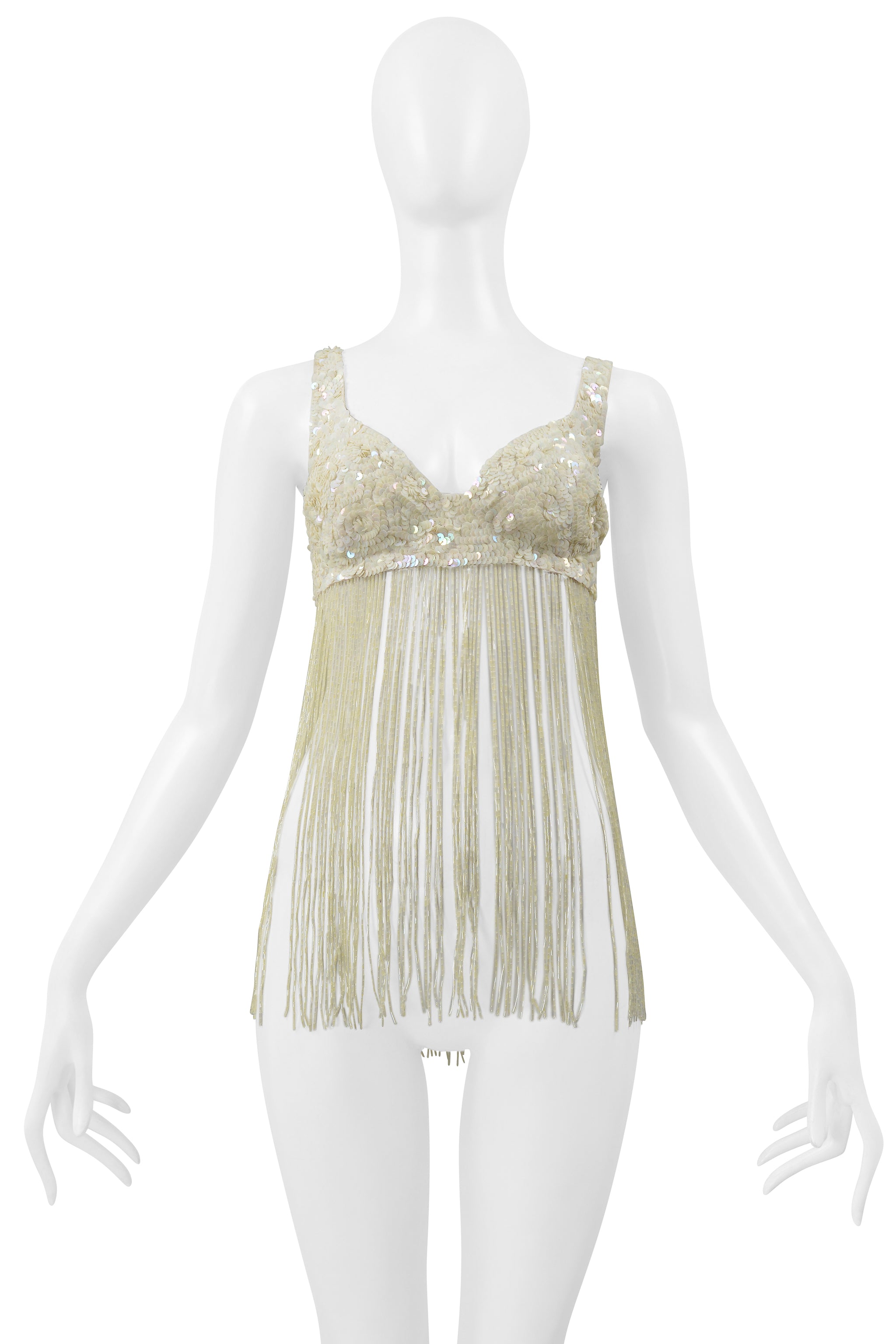 KATHARINE HAMNETT OFF WHITE SEQUIN BRA WITH BEADED FRINGE