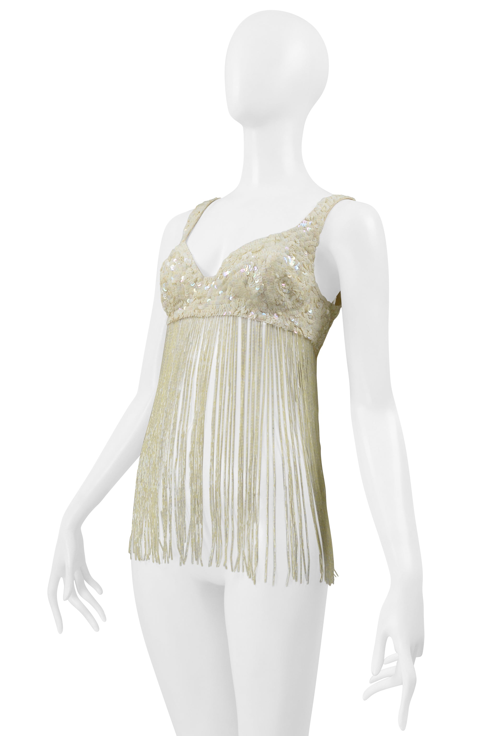 KATHARINE HAMNETT OFF WHITE SEQUIN BRA WITH BEADED FRINGE