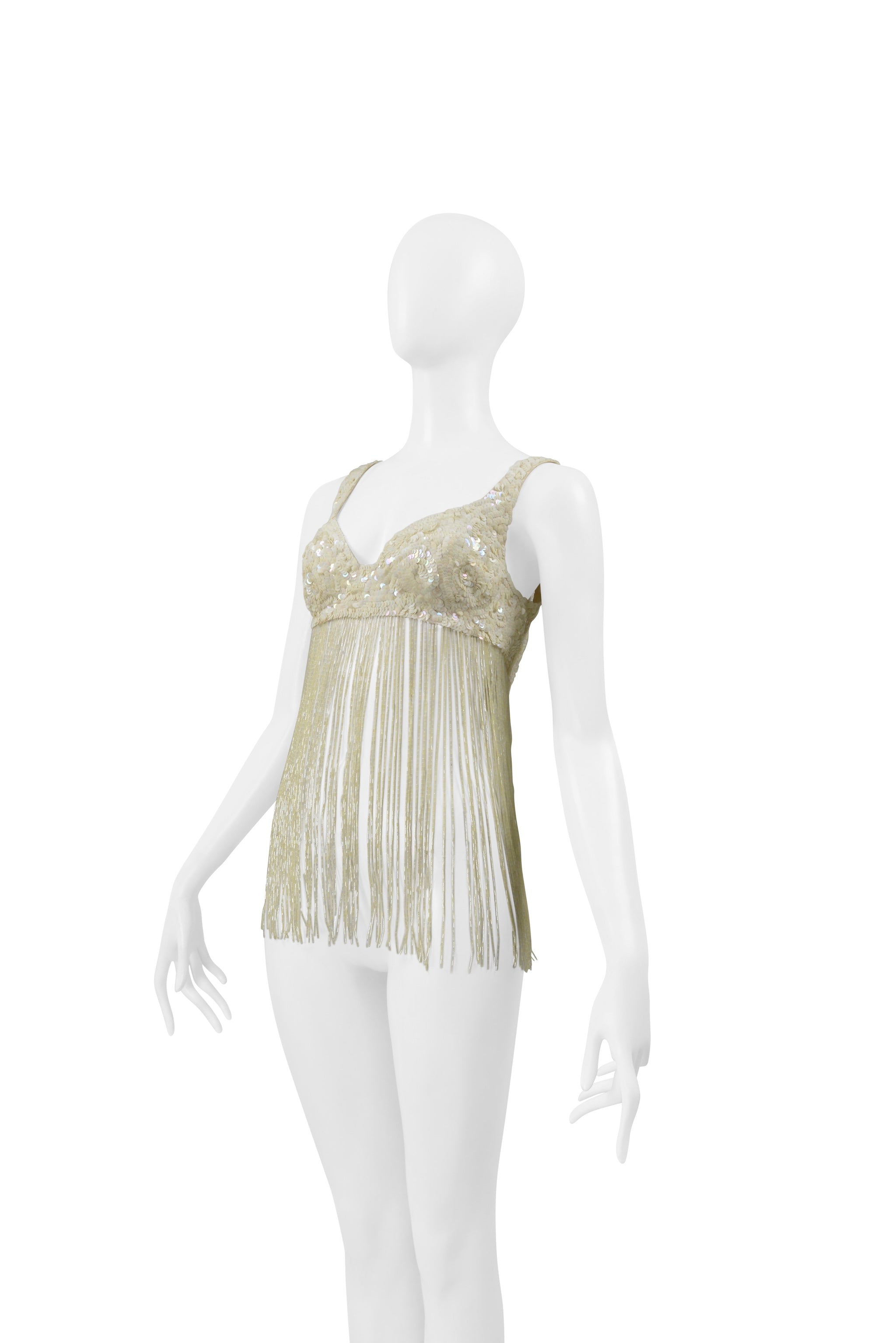 KATHARINE HAMNETT OFF WHITE SEQUIN BRA WITH BEADED FRINGE