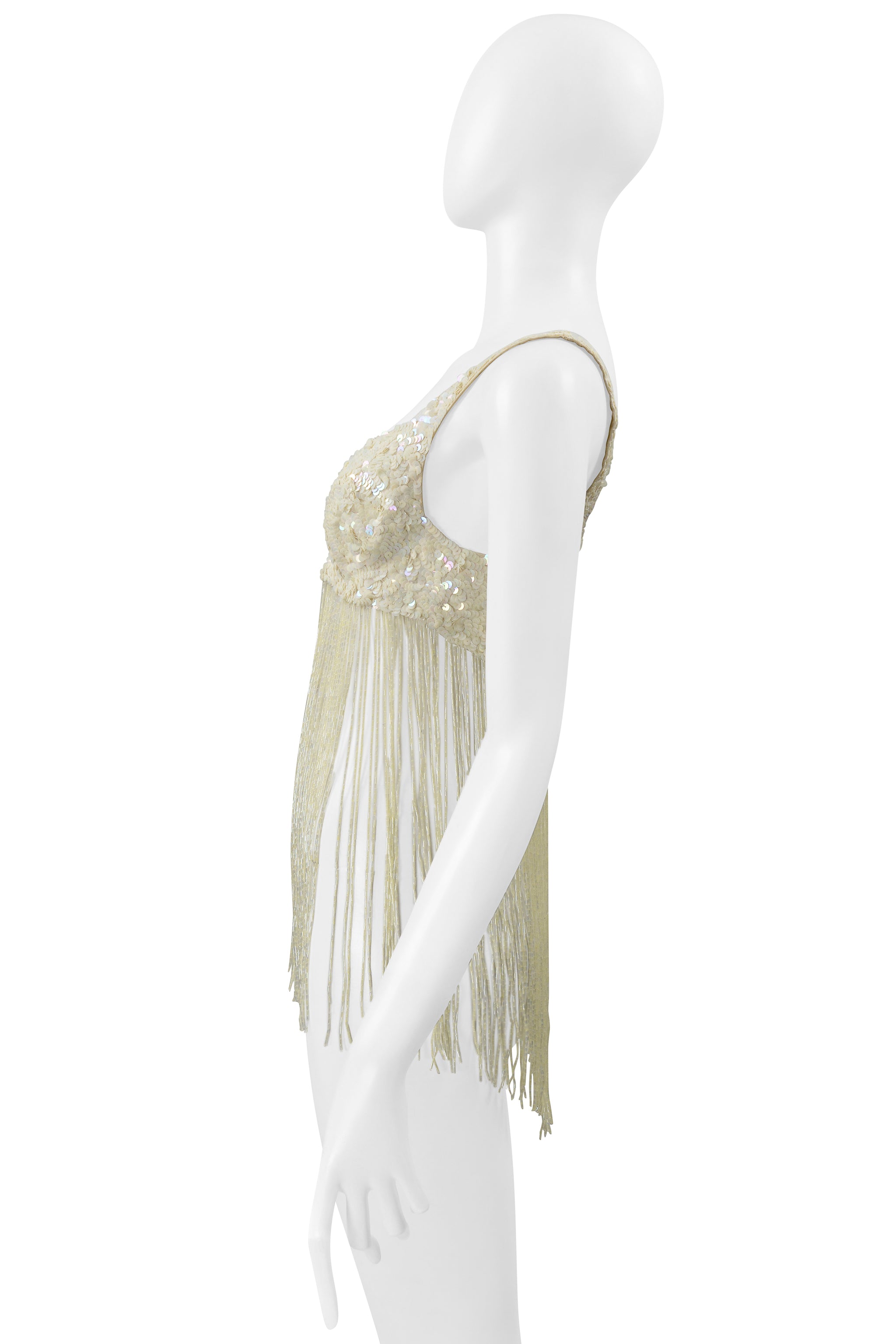 KATHARINE HAMNETT OFF WHITE SEQUIN BRA WITH BEADED FRINGE