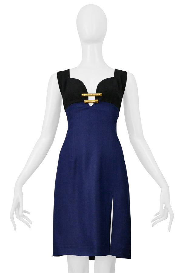 CHRISTIAN LACROIX BLACK AND BLUE LINEN DRESS WITH GOLD HARDWARE & SLIT