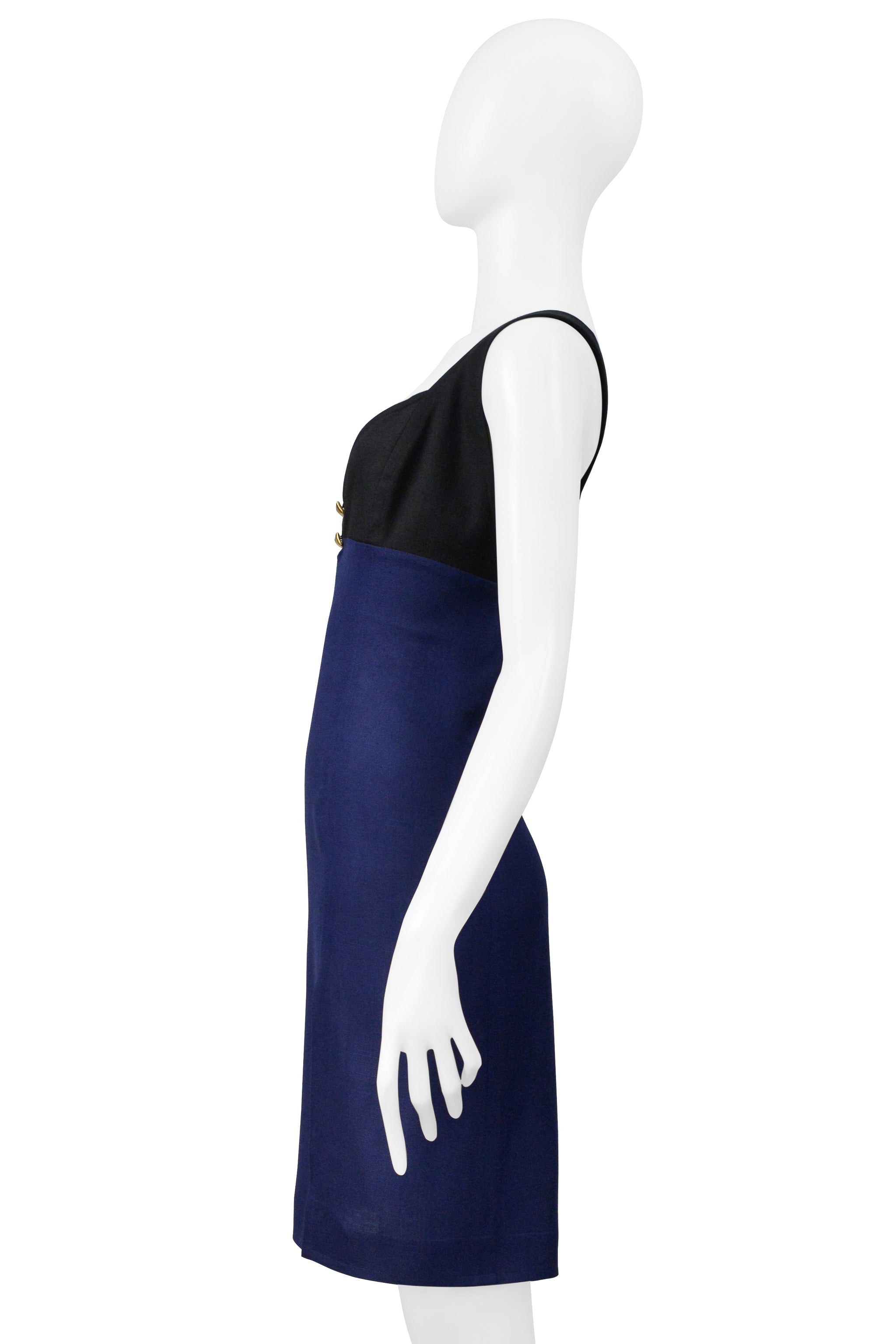CHRISTIAN LACROIX BLACK AND BLUE LINEN DRESS WITH GOLD HARDWARE & SLIT