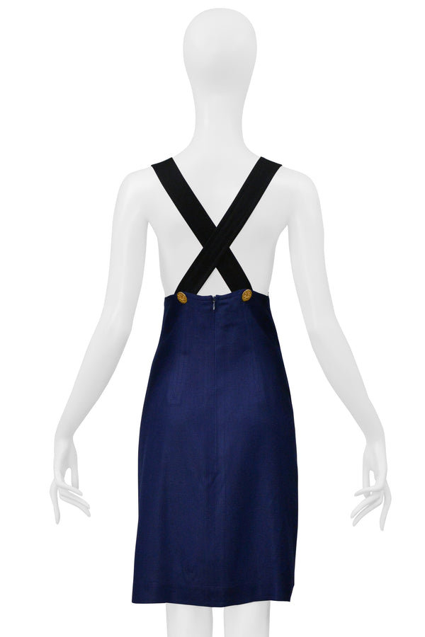 CHRISTIAN LACROIX BLACK AND BLUE LINEN DRESS WITH GOLD HARDWARE & SLIT